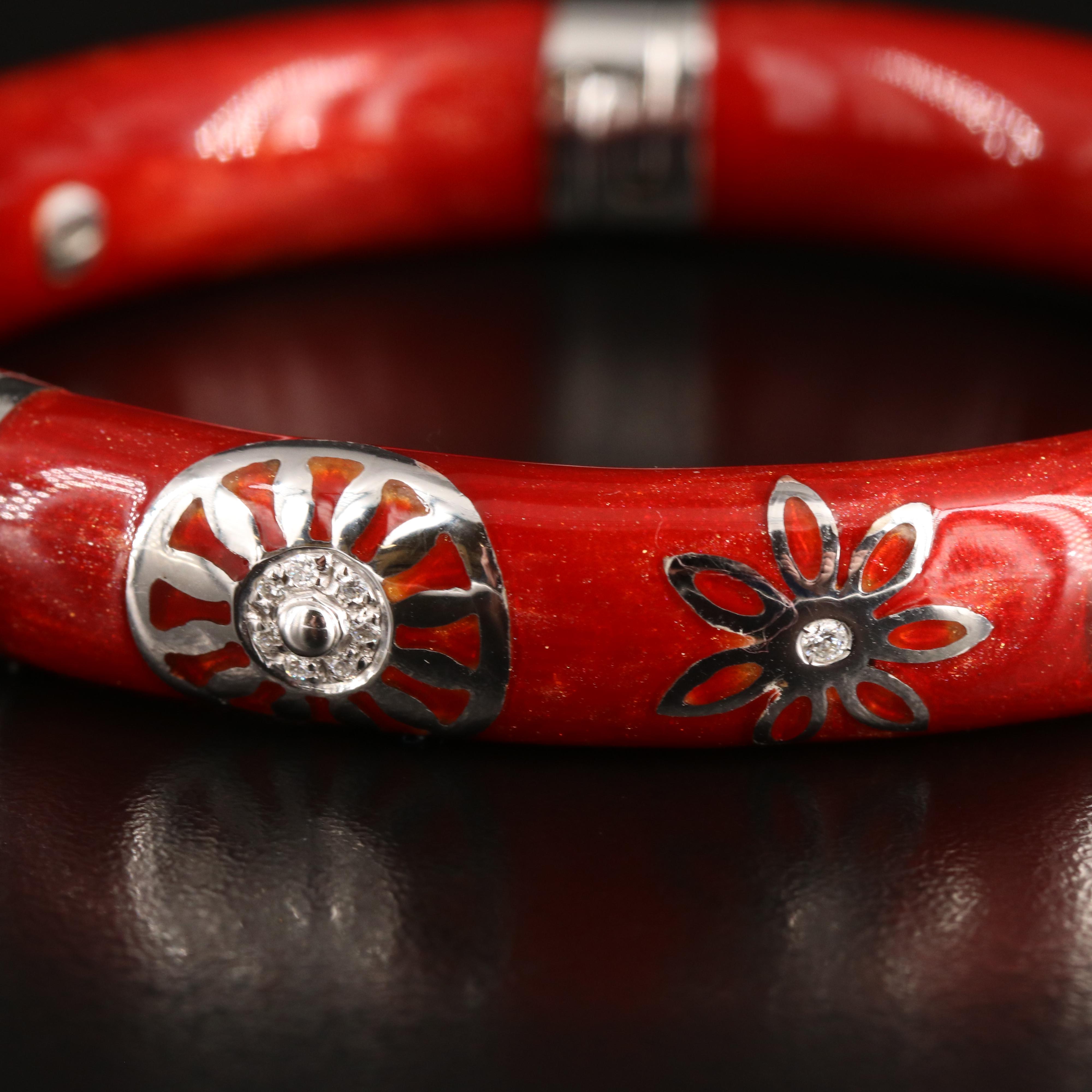 La Nouvelle Bague Sterling and 18K Diamond and Red Enamel Bangle