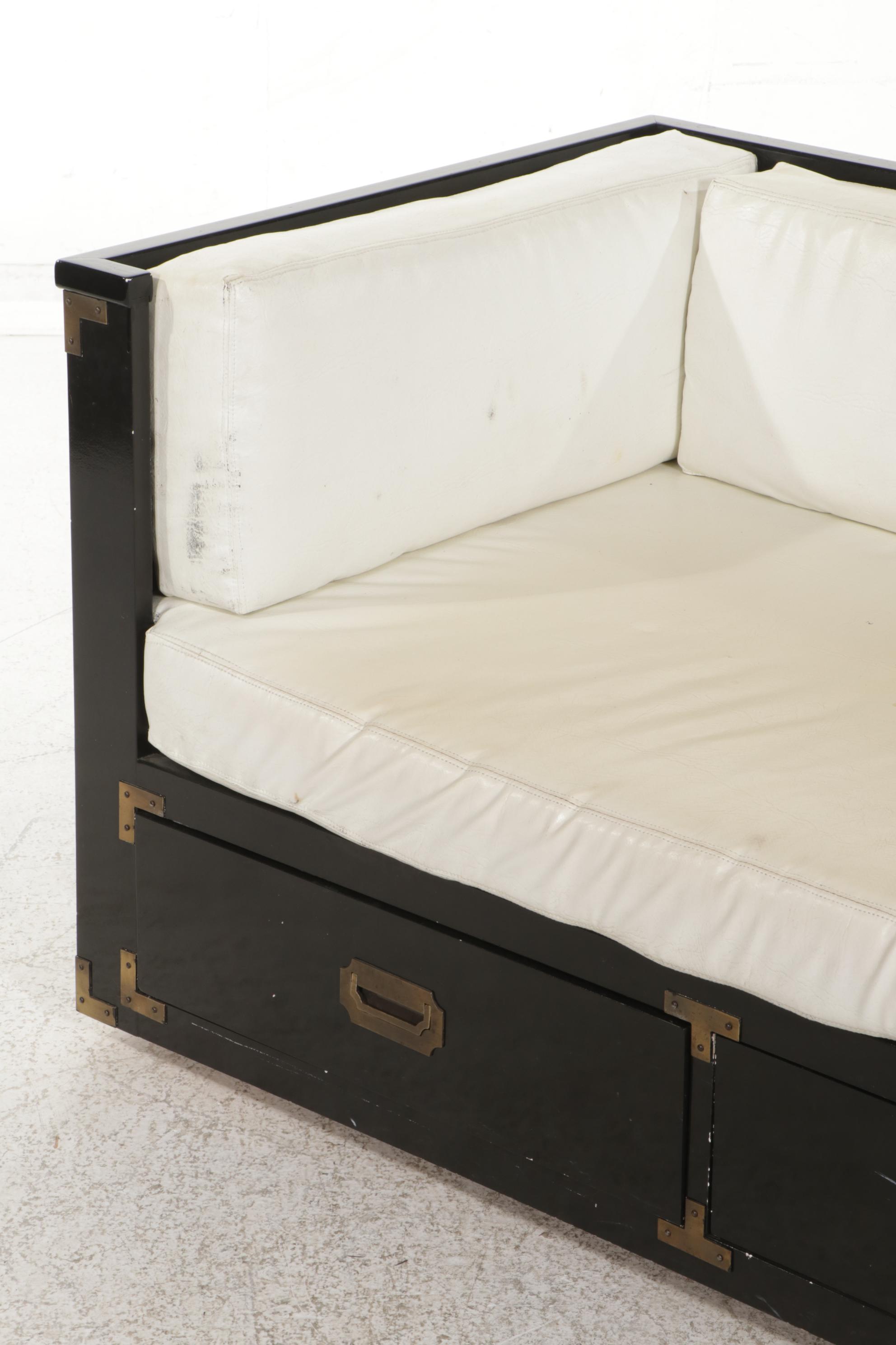 Campaign Style Ebonized Wood Daybed Sofa with Drawers, Late 20th Century