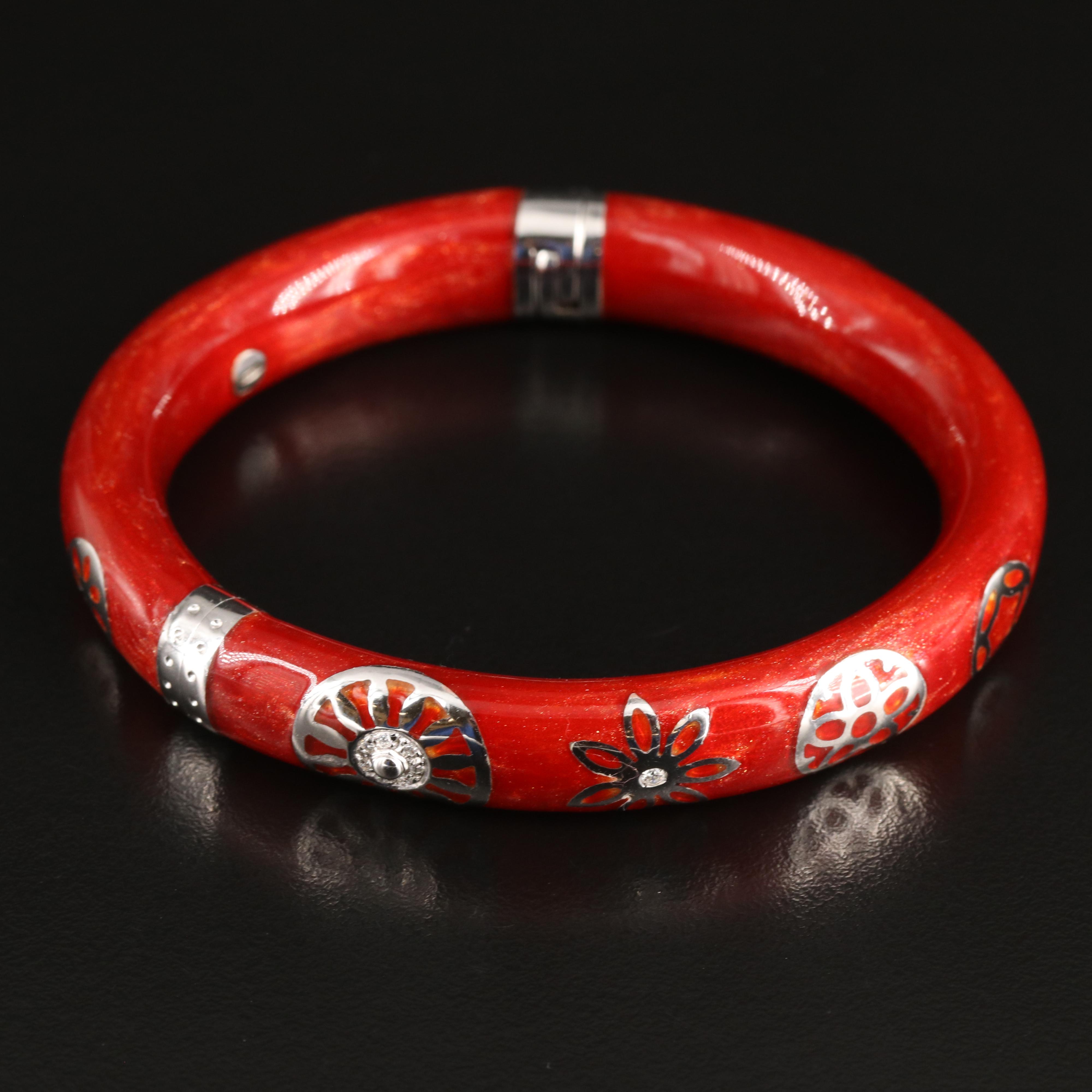 La Nouvelle Bague Sterling and 18K Diamond and Red Enamel Bangle