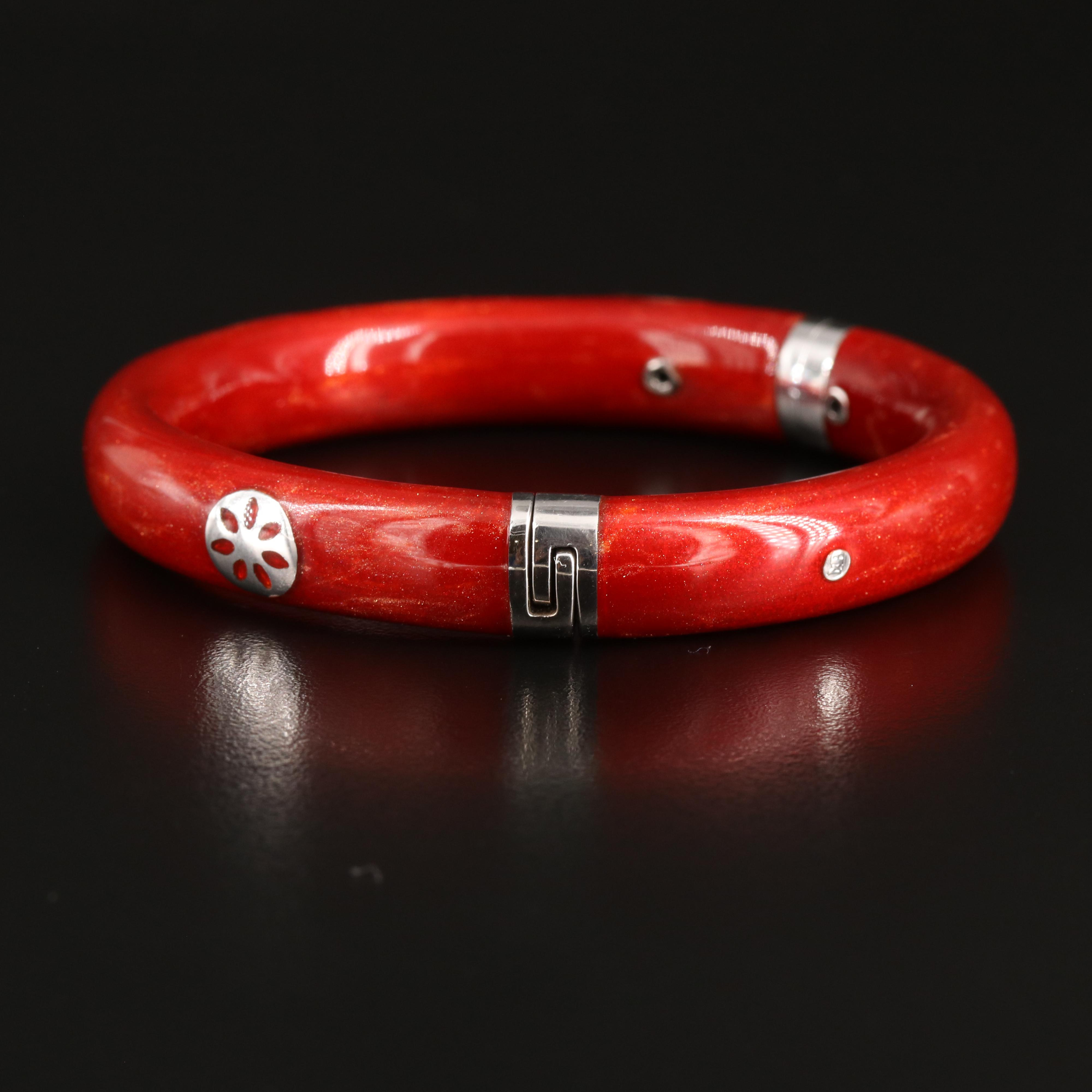 La Nouvelle Bague Sterling and 18K Diamond and Red Enamel Bangle