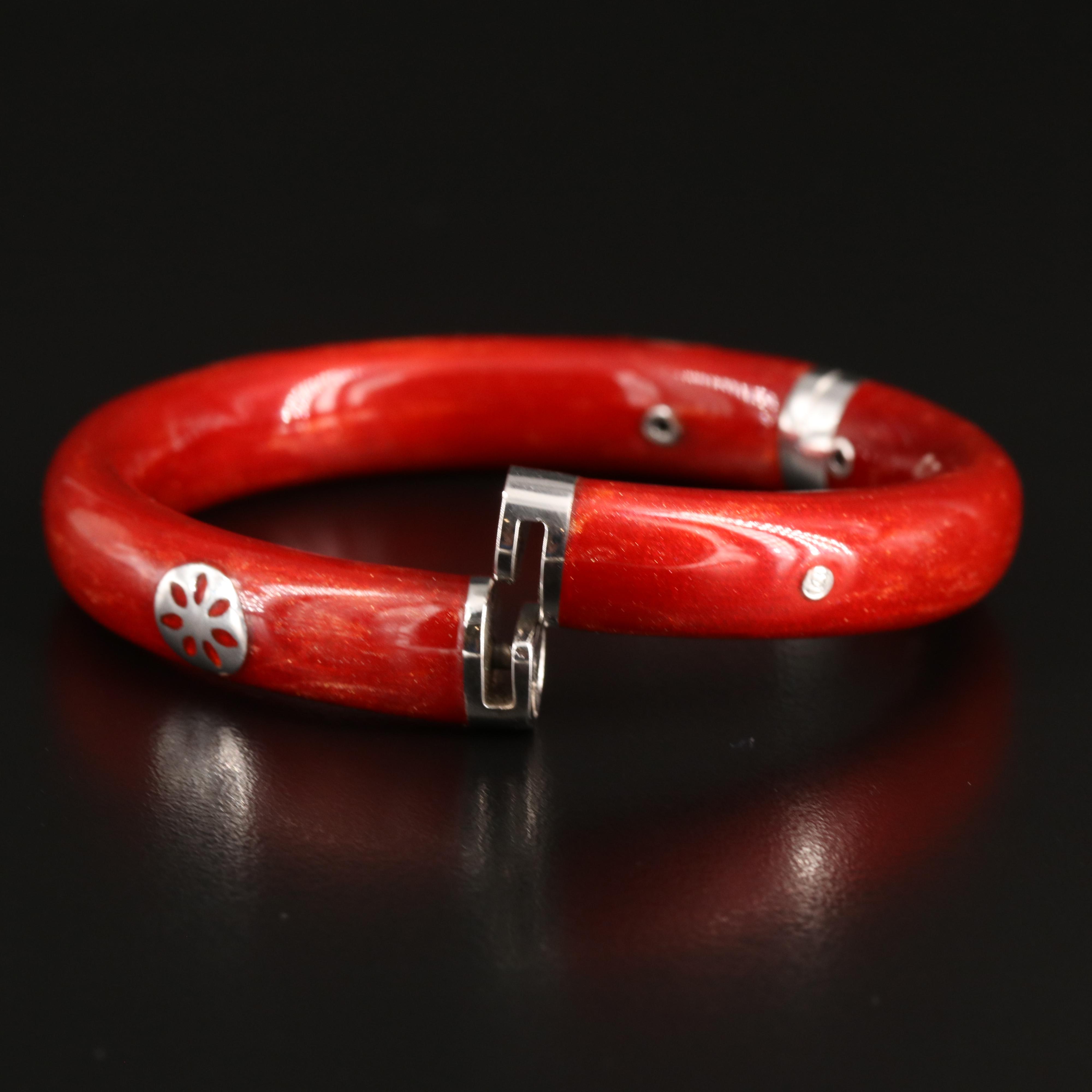 La Nouvelle Bague Sterling and 18K Diamond and Red Enamel Bangle