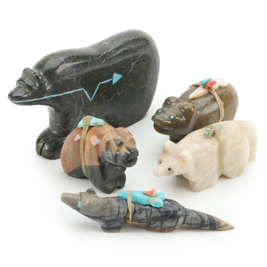 Darren Boone (Zuni) Fetish Bear with Other Stone and Coral Fetishes