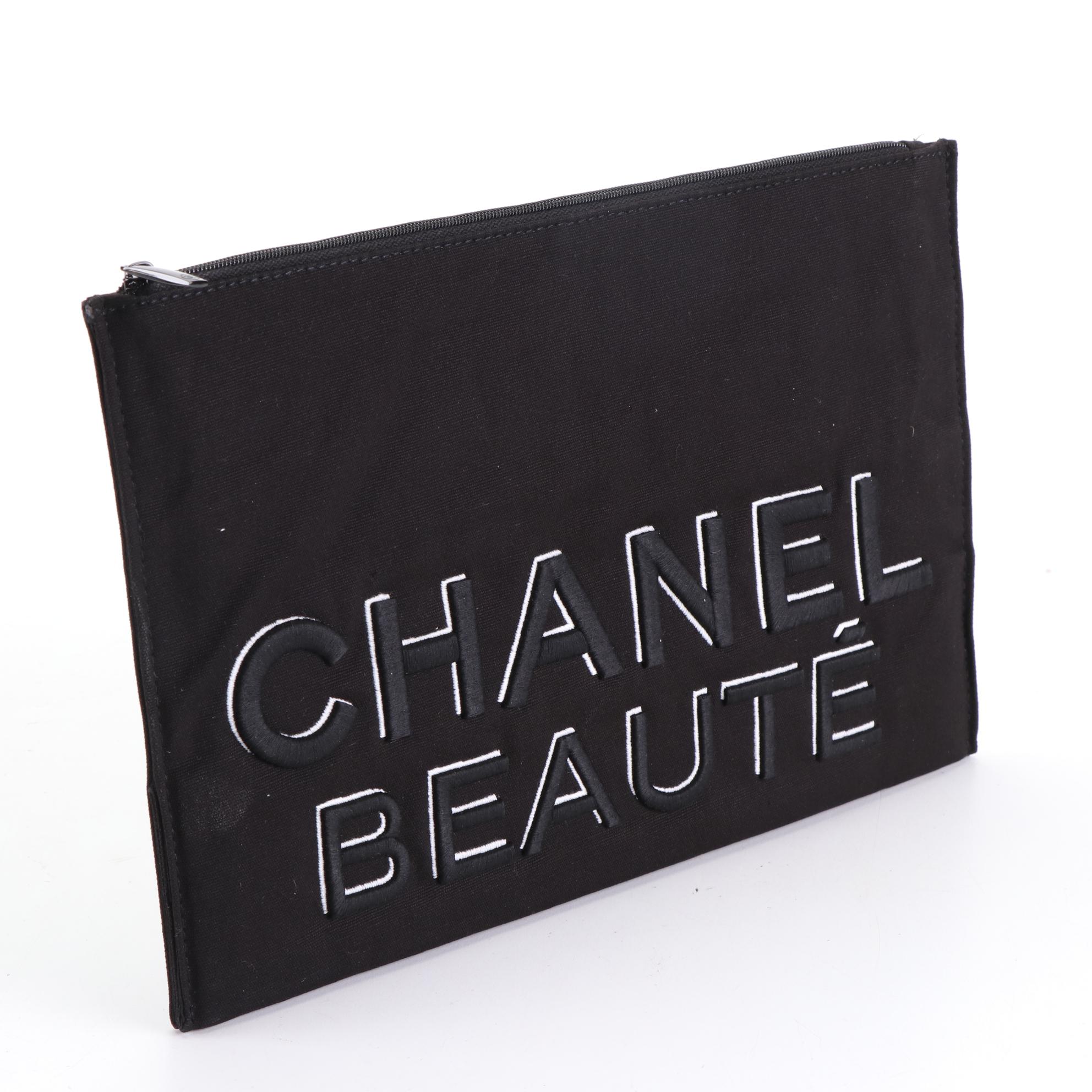 Chanel Beauté Promotional Zip Pouch in Embroidered Black Canvas with Box