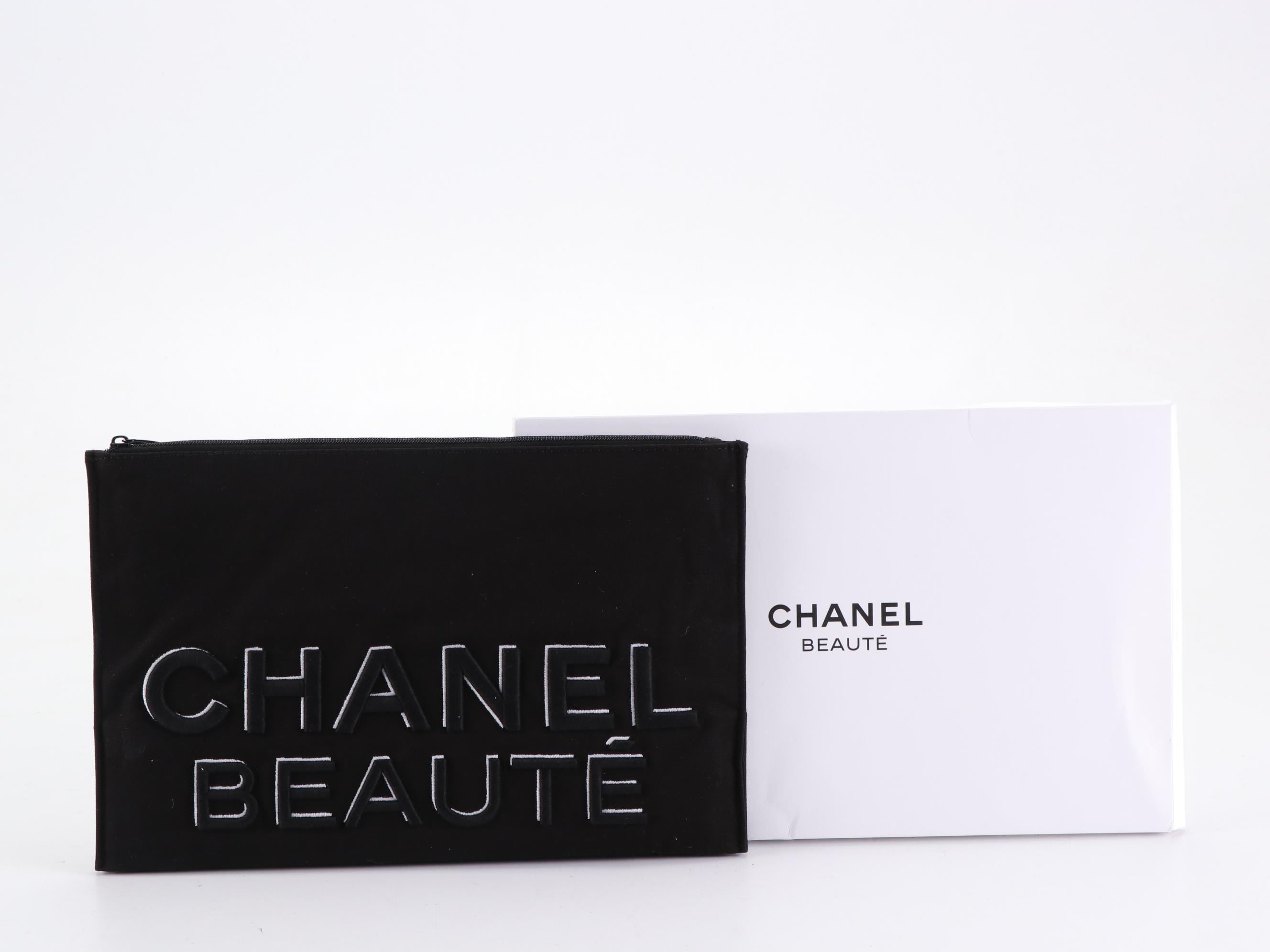 Chanel Beauté Promotional Zip Pouch in Embroidered Black Canvas with Box
