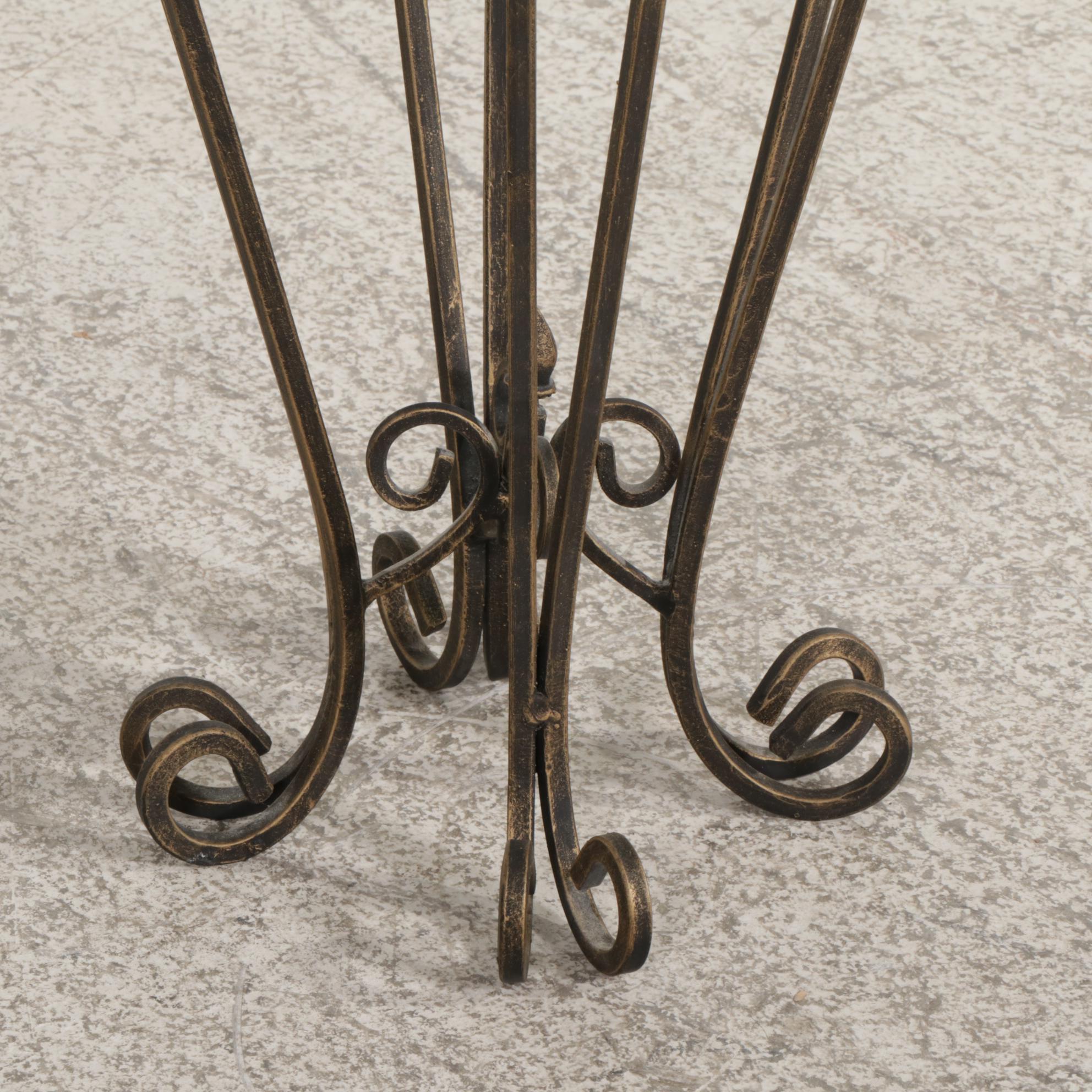 French Provincial Style Scrolled Metal and Beveled Glass Top Plant Stand