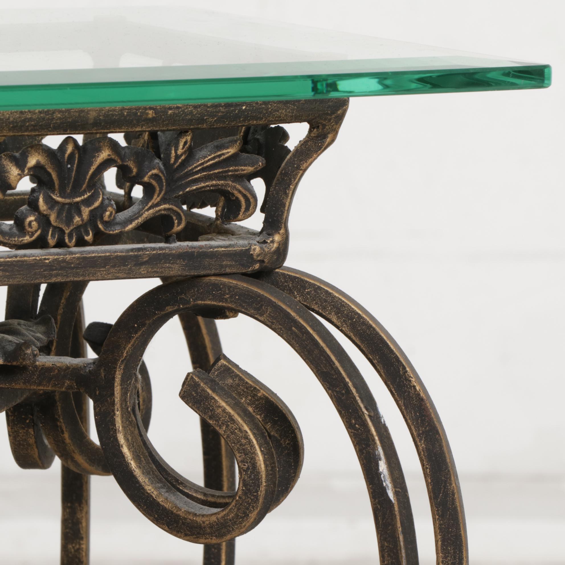 French Provincial Style Scrolled Metal and Beveled Glass Top Plant Stand