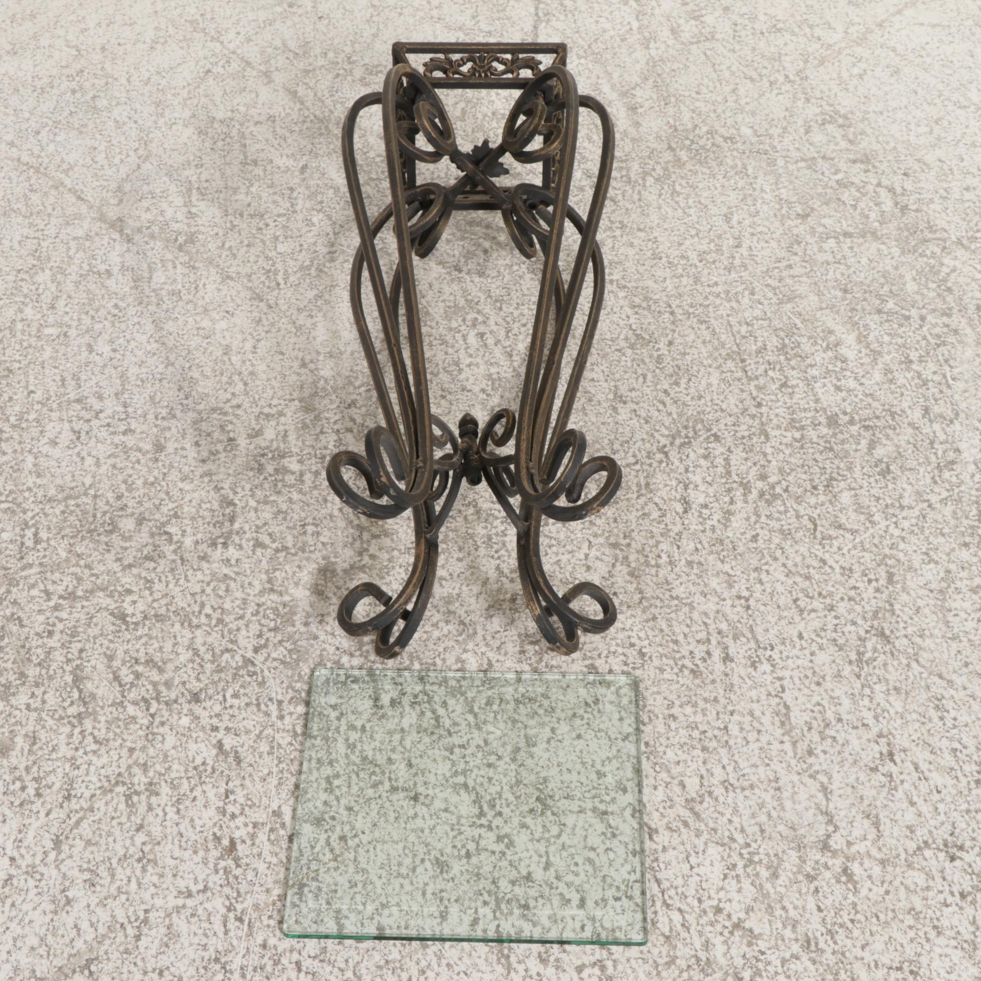 French Provincial Style Scrolled Metal and Beveled Glass Top Plant Stand