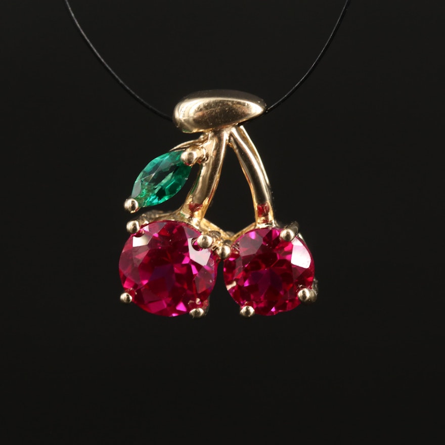 10K Ruby and Emerald Cherry Pair Pendant