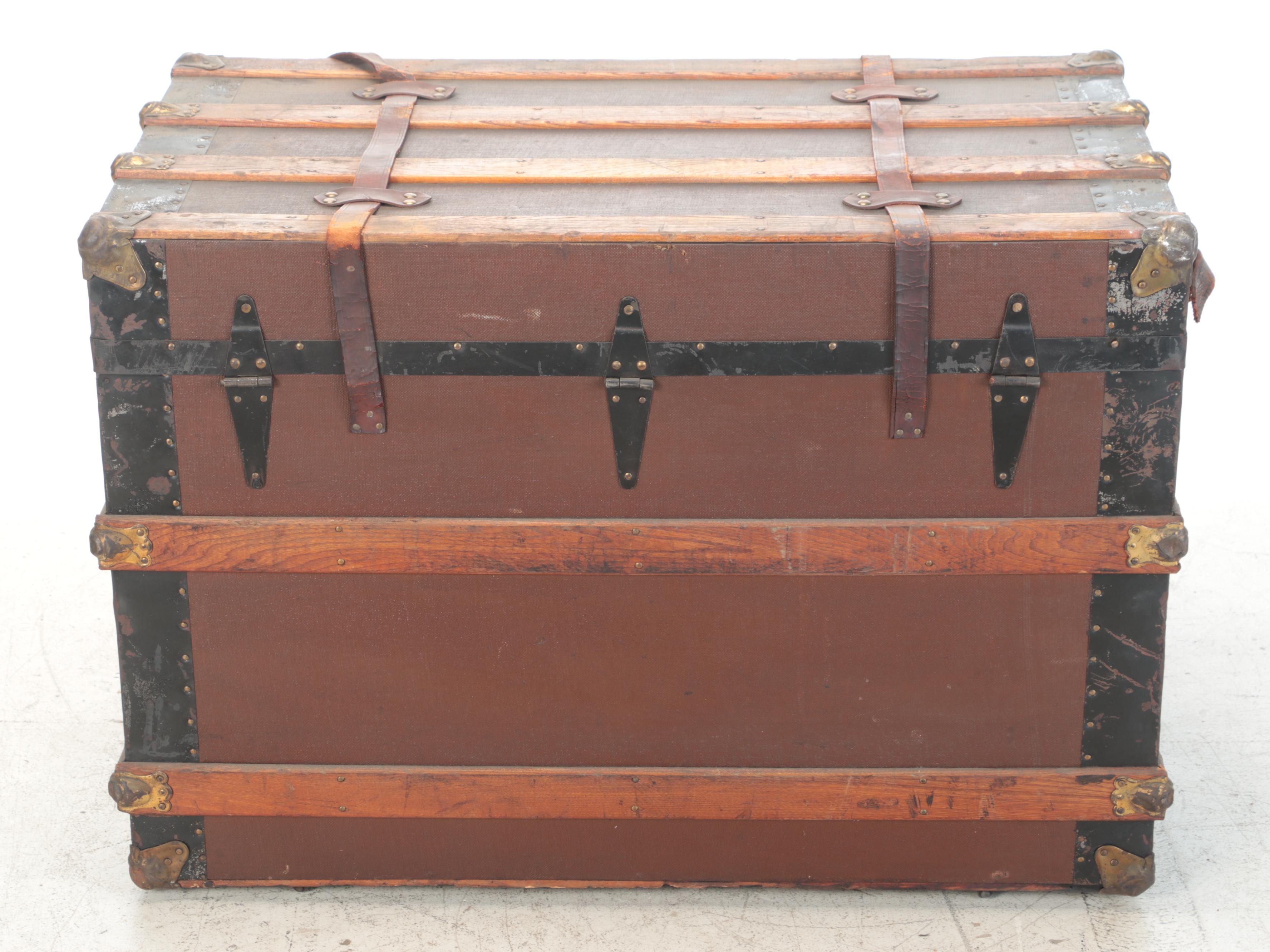 Late Victorian Slatted Wood and Canvas Steamer Trunk