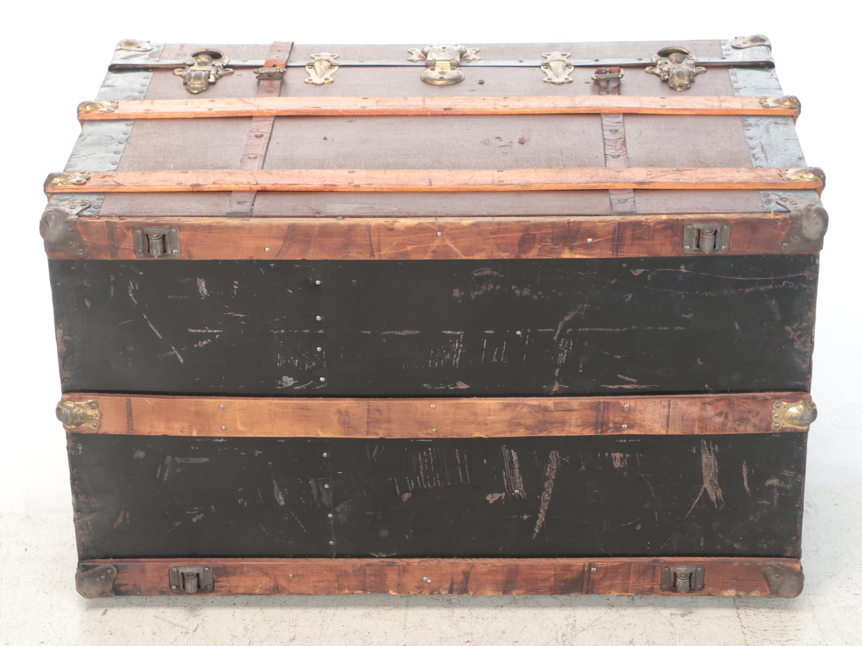 Late Victorian Slatted Wood and Canvas Steamer Trunk