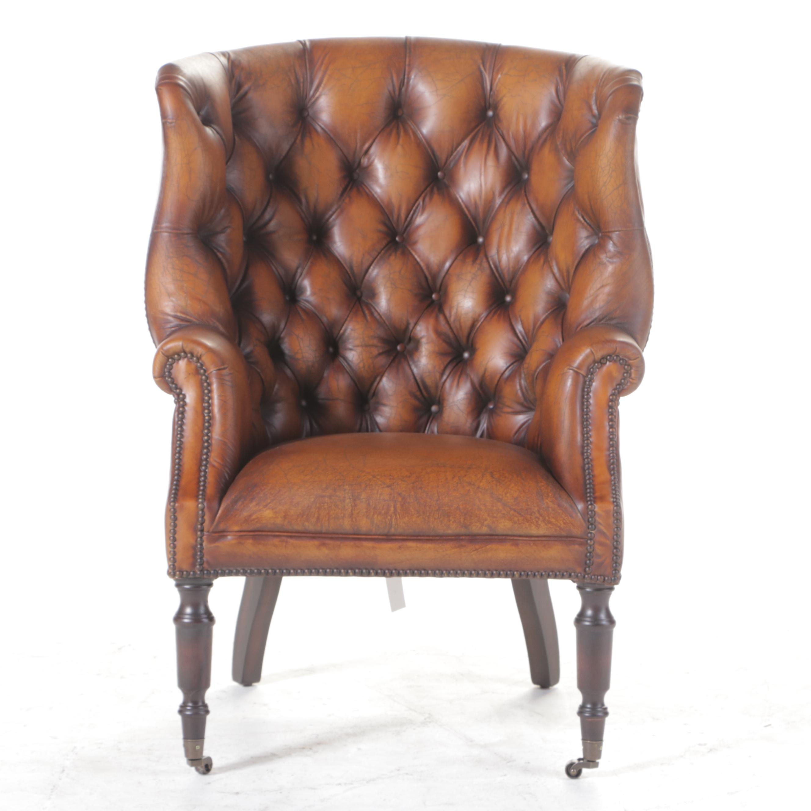 Stanton Portobello Brass-Tacked and Button-Tufted Leather Wing Chair