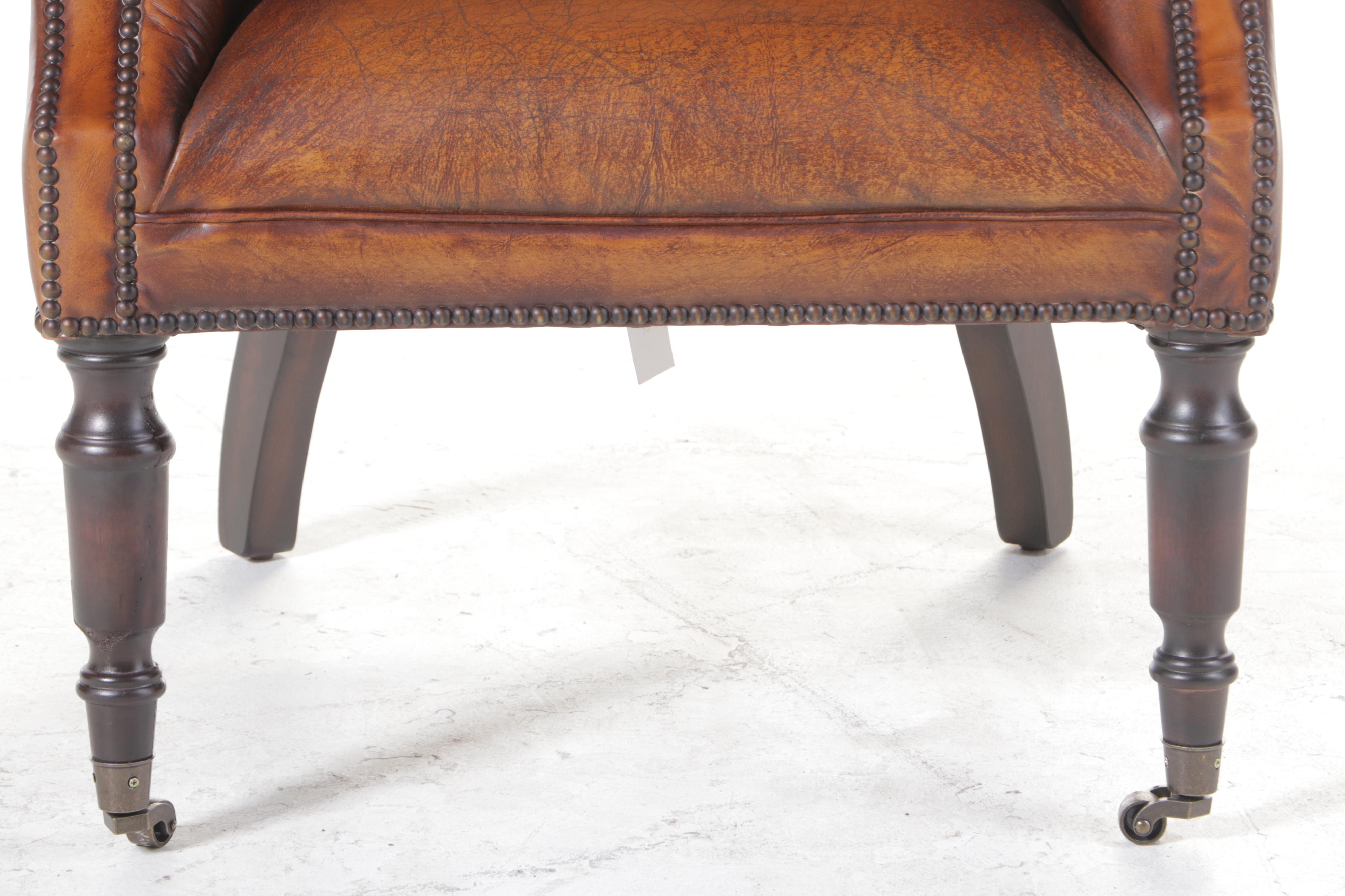 Stanton Portobello Brass-Tacked and Button-Tufted Leather Wing Chair