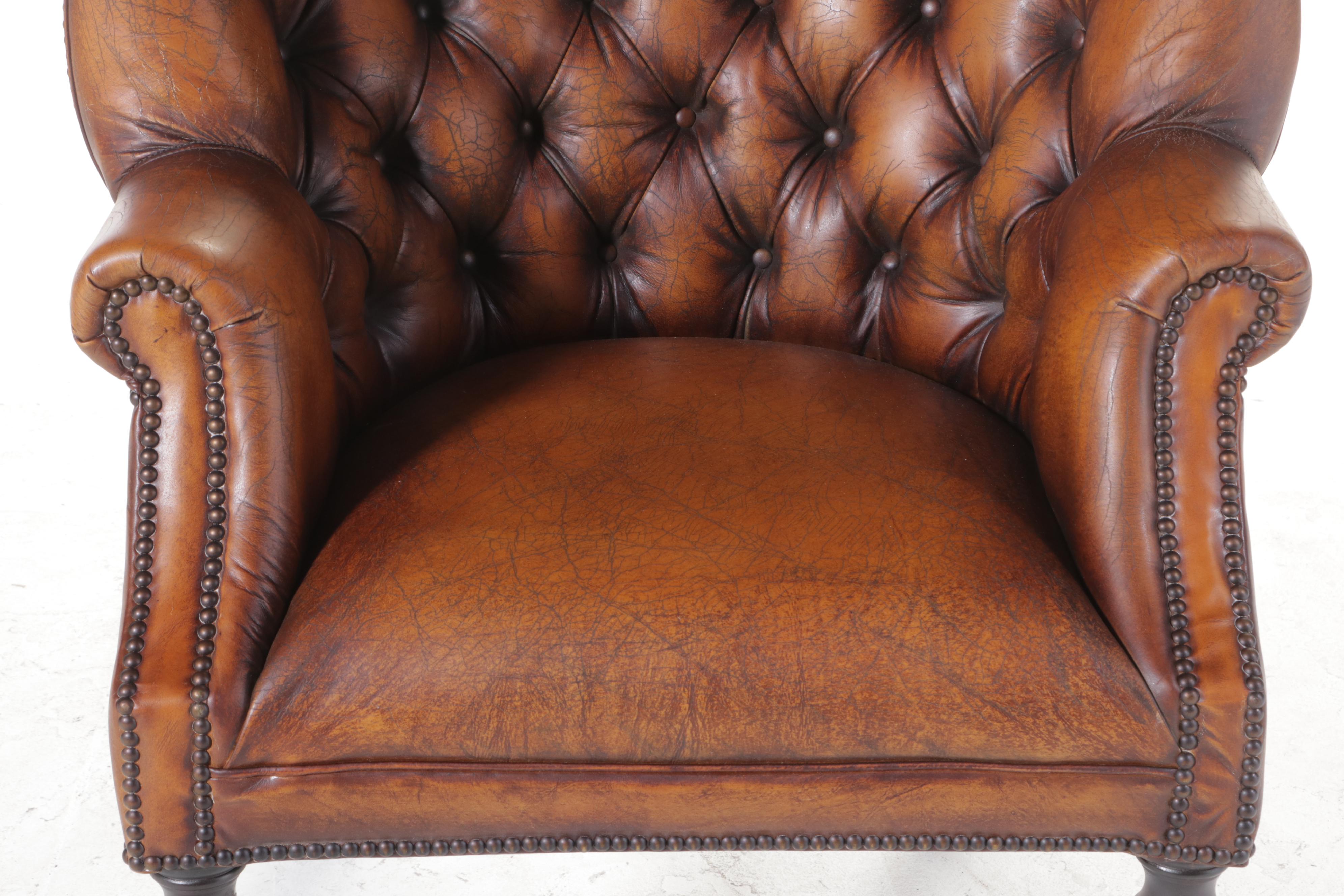 Stanton Portobello Brass-Tacked and Button-Tufted Leather Wing Chair