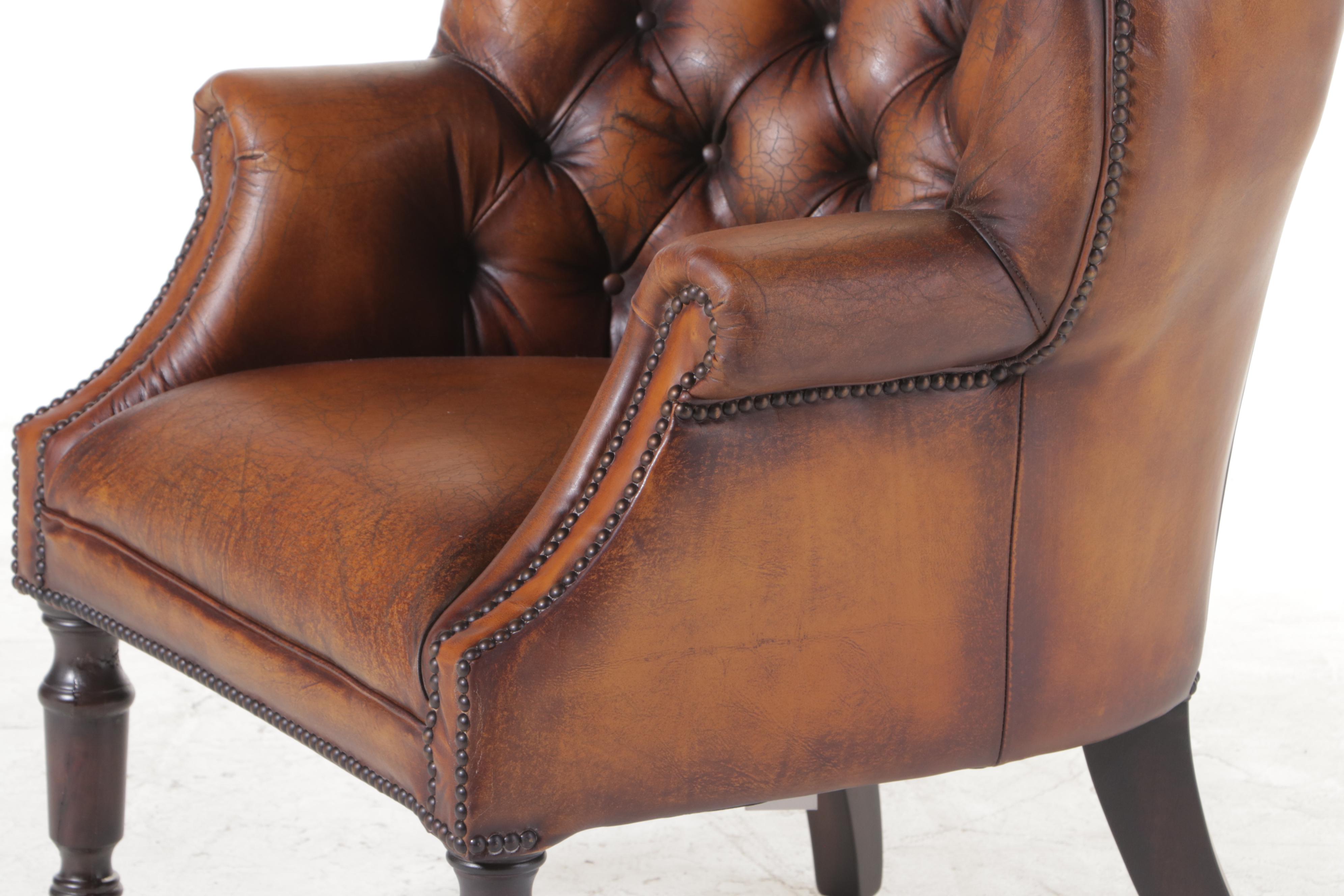 Stanton Portobello Brass-Tacked and Button-Tufted Leather Wing Chair