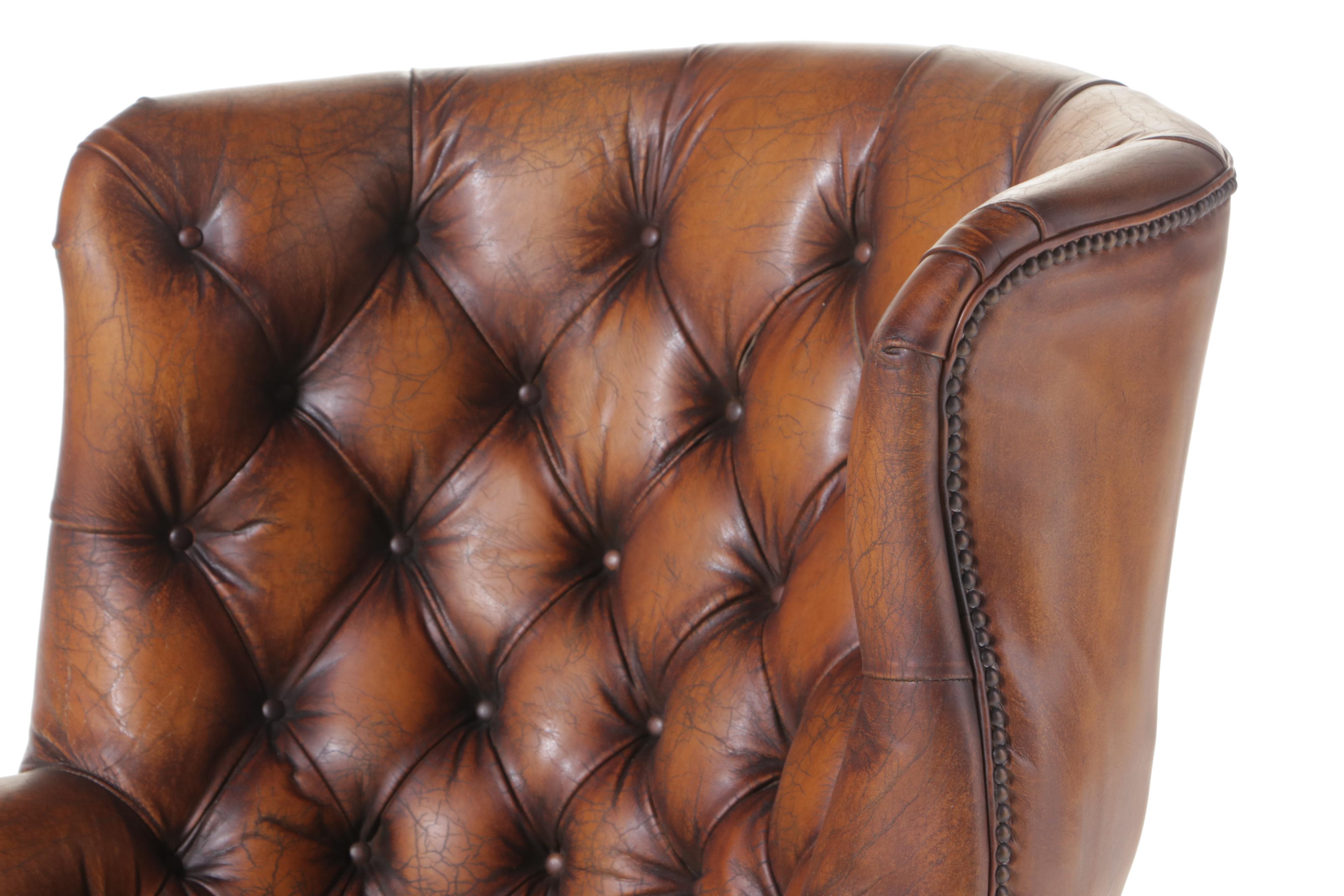 Stanton Portobello Brass-Tacked and Button-Tufted Leather Wing Chair