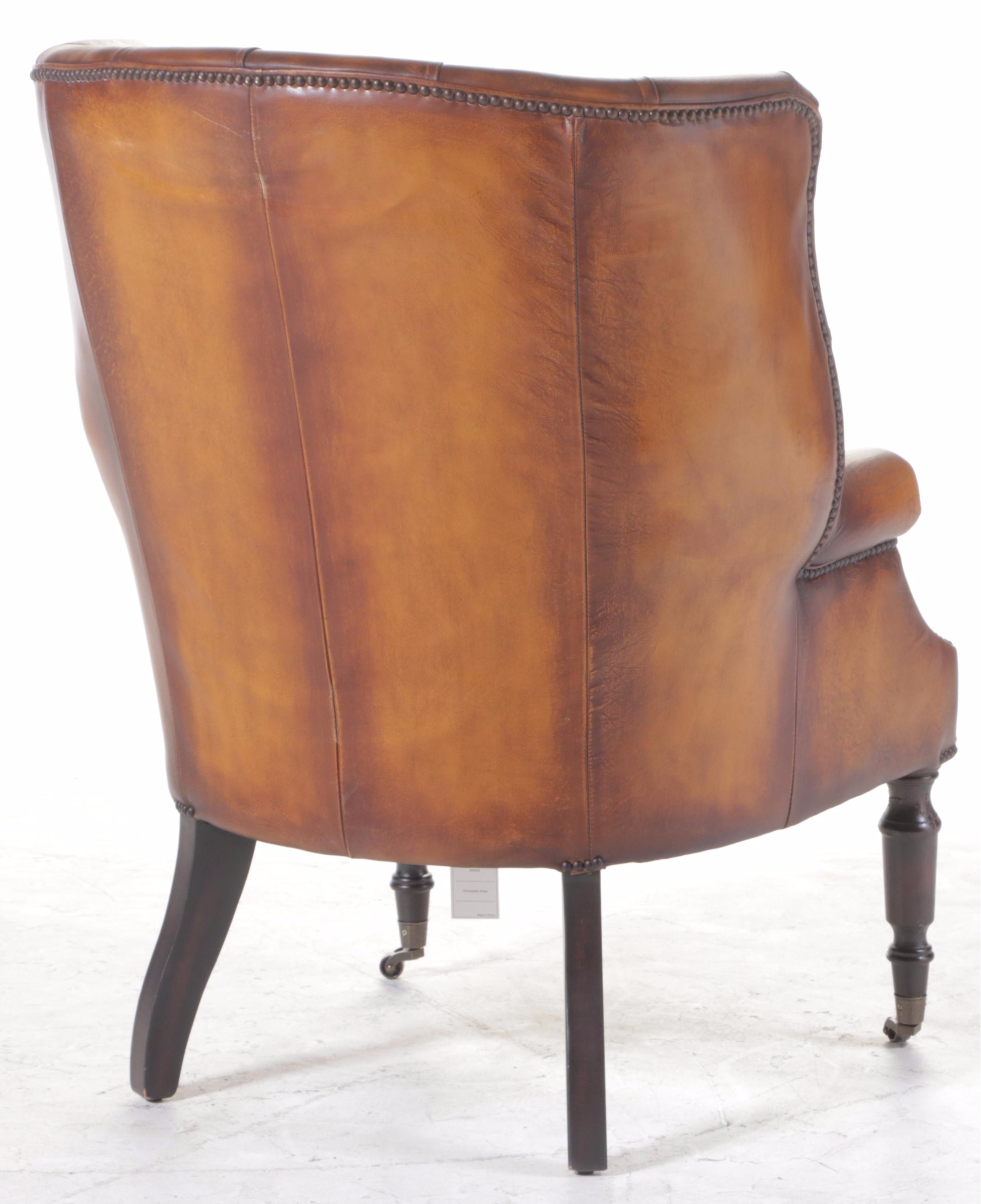 Stanton Portobello Brass-Tacked and Button-Tufted Leather Wing Chair
