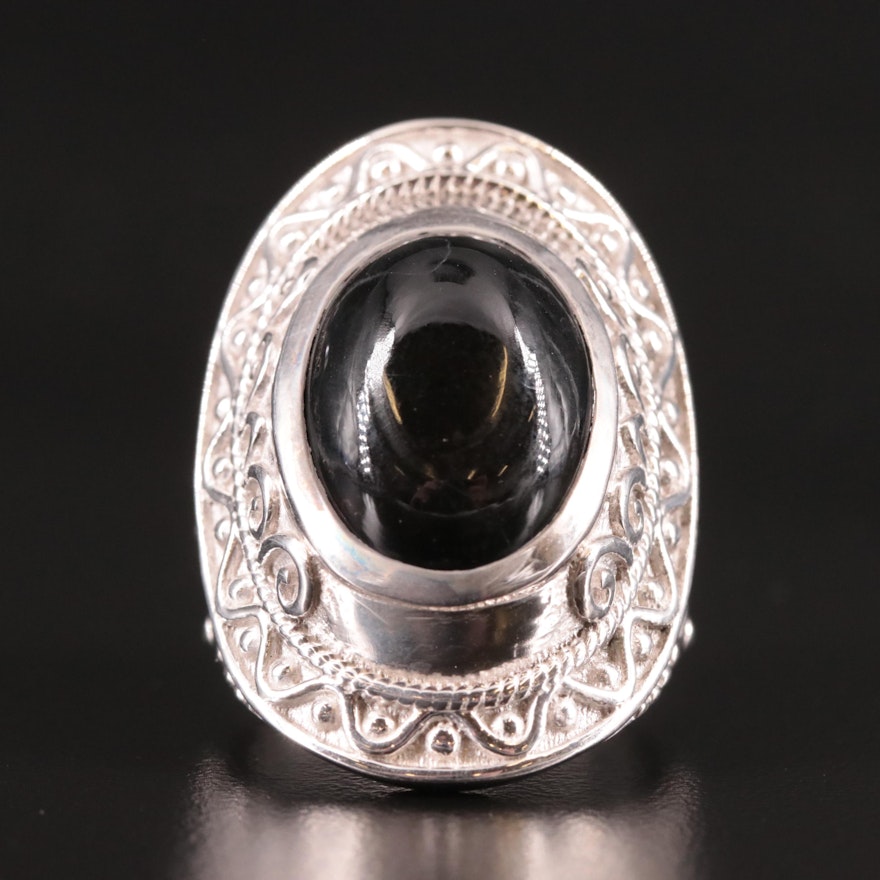 Sterling Black Onyx Saddle Ring with Scrollwork Accents