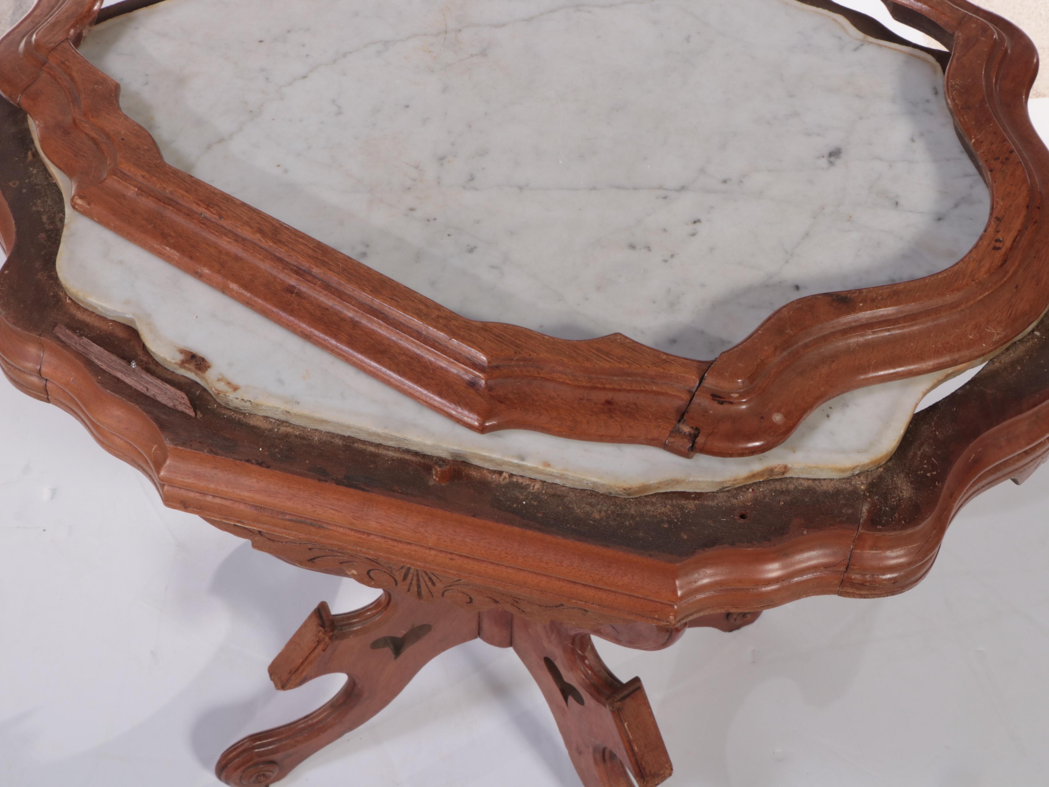Victorian Walnut and White Marble Side Table, Late 19th Century