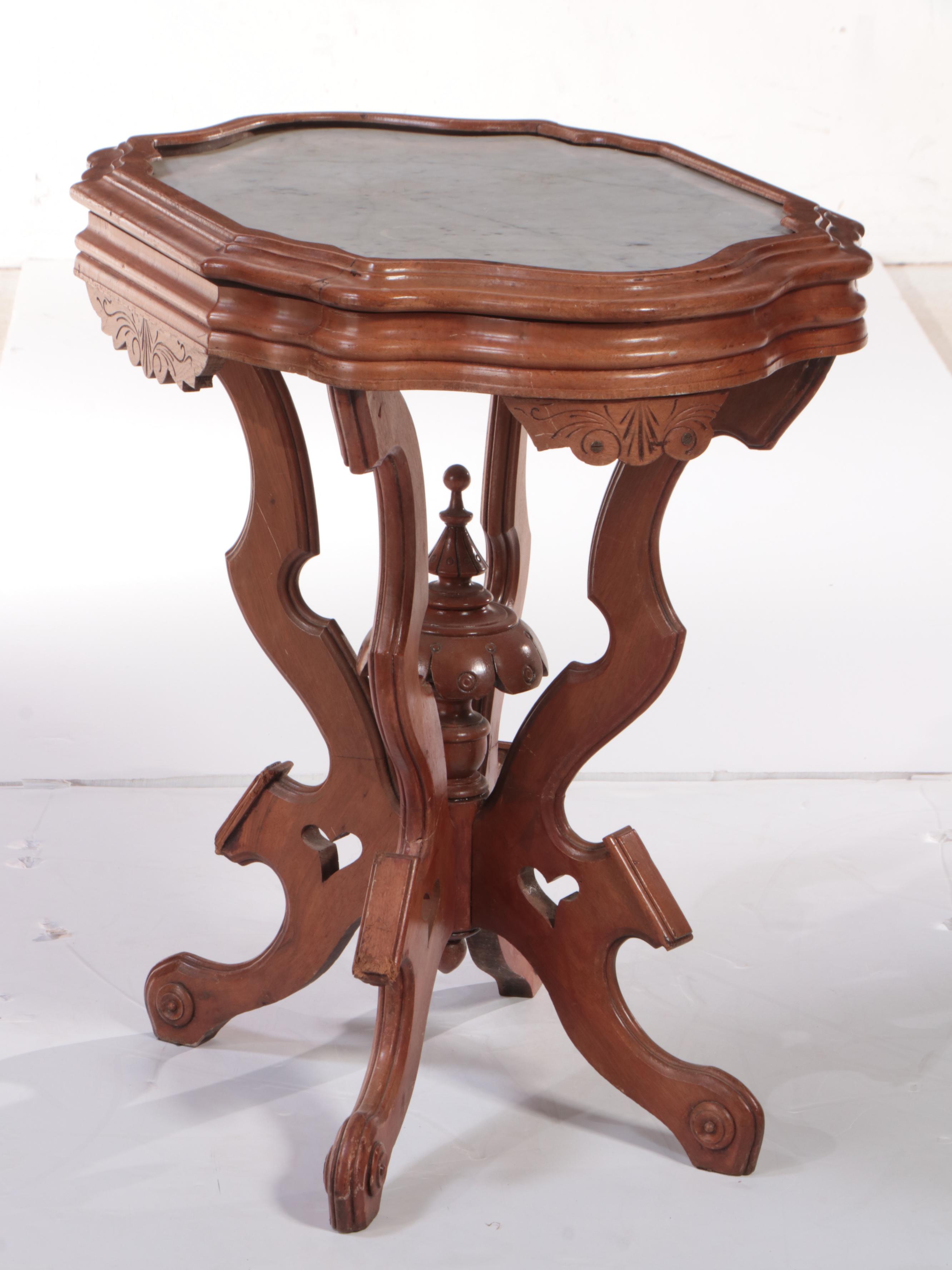 Victorian Walnut and White Marble Side Table, Late 19th Century