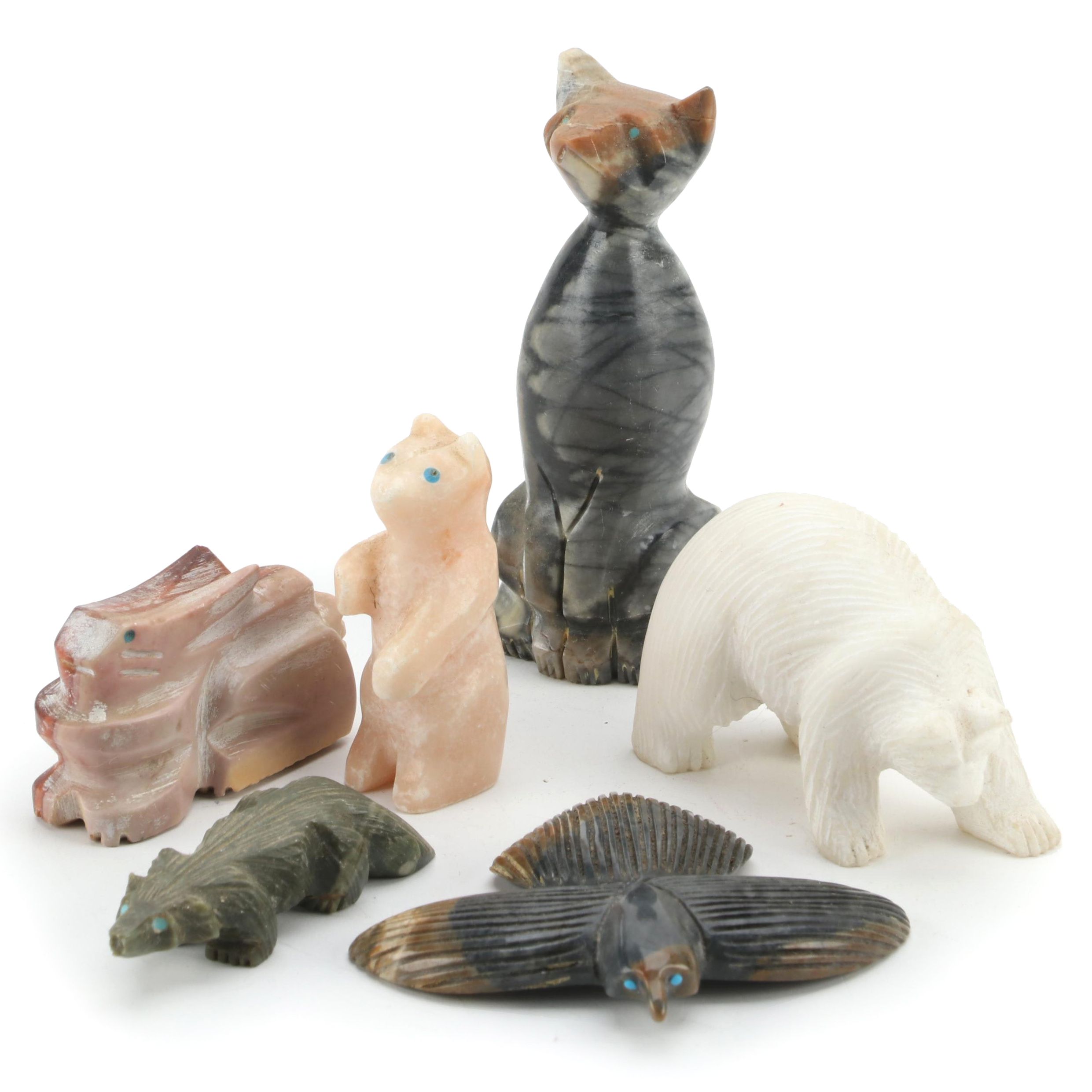 Zuni and Other Hand-Carved Fetishes in Picasso Stone, Marble, Soapstone