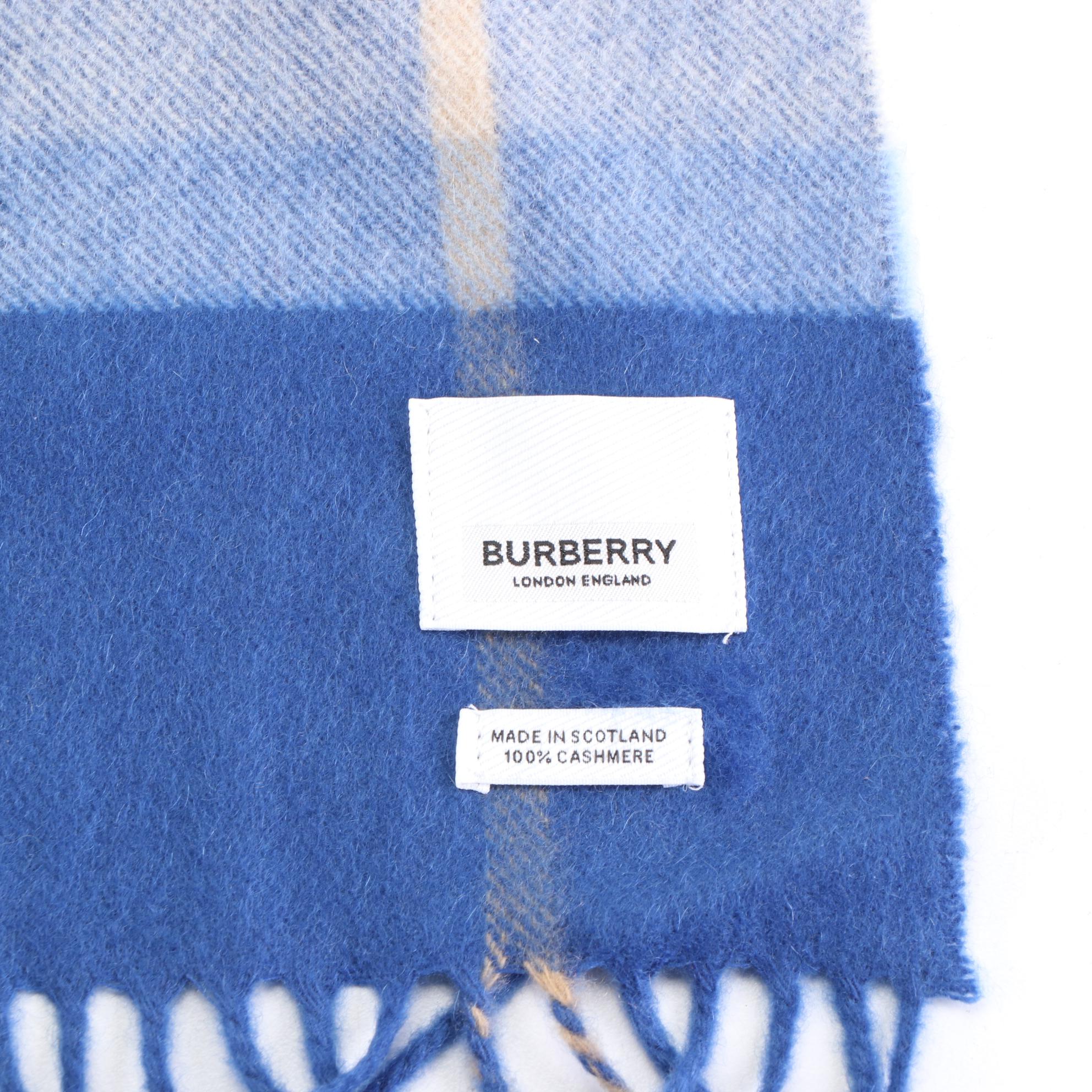 Burberry Giant Check Blue Cashmere Scarf, NWT