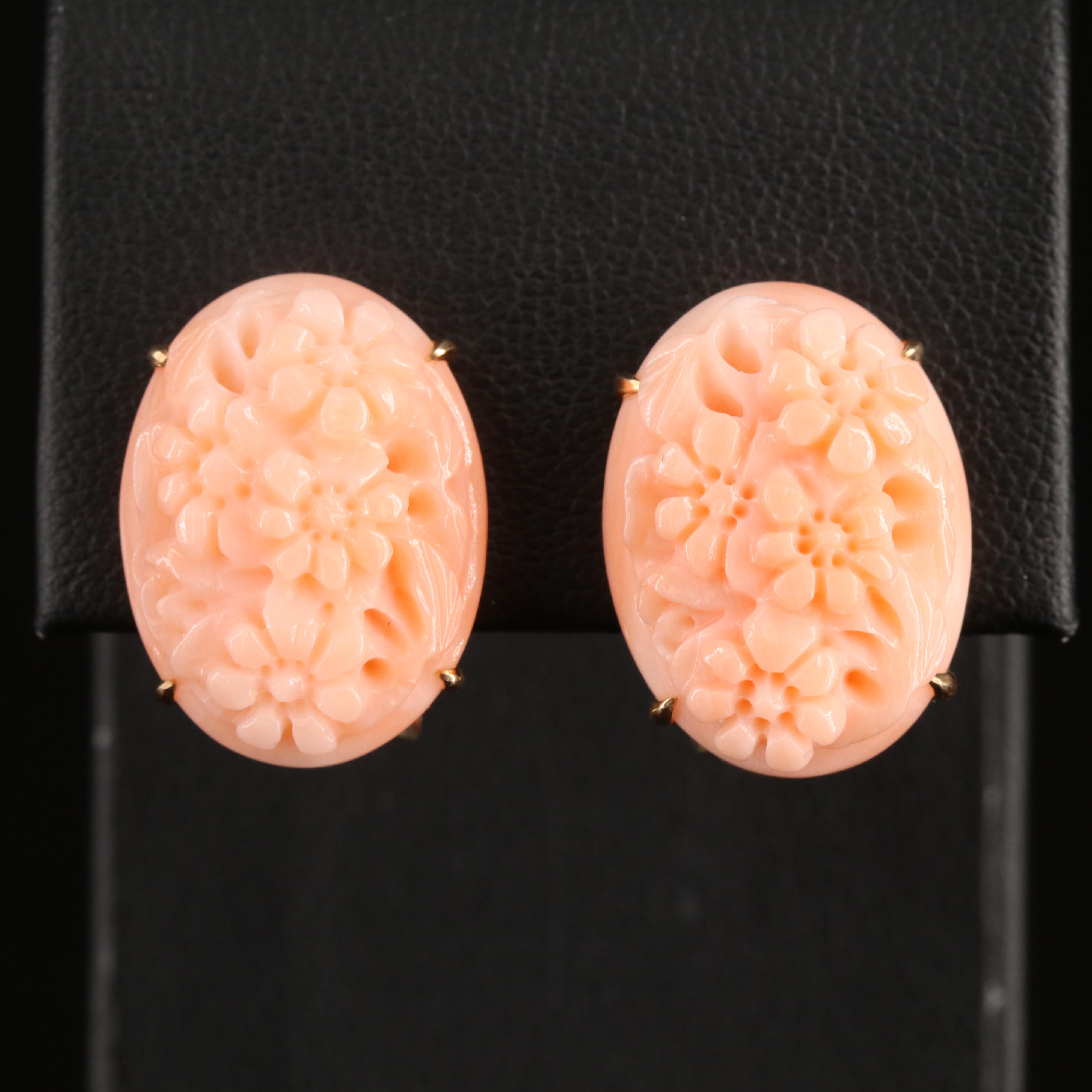 14K Carved Coral Flower Bouquet Earrings