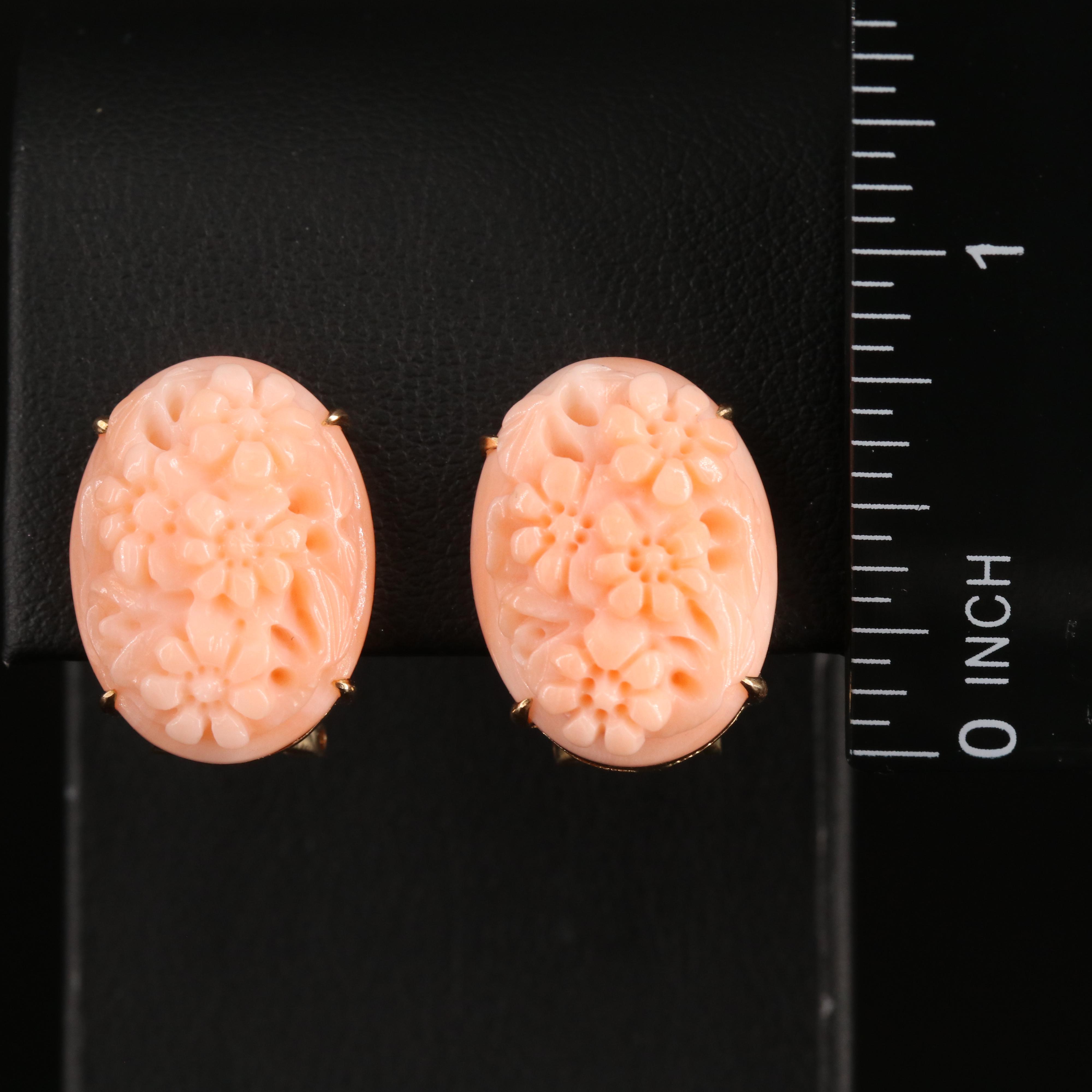 14K Carved Coral Flower Bouquet Earrings