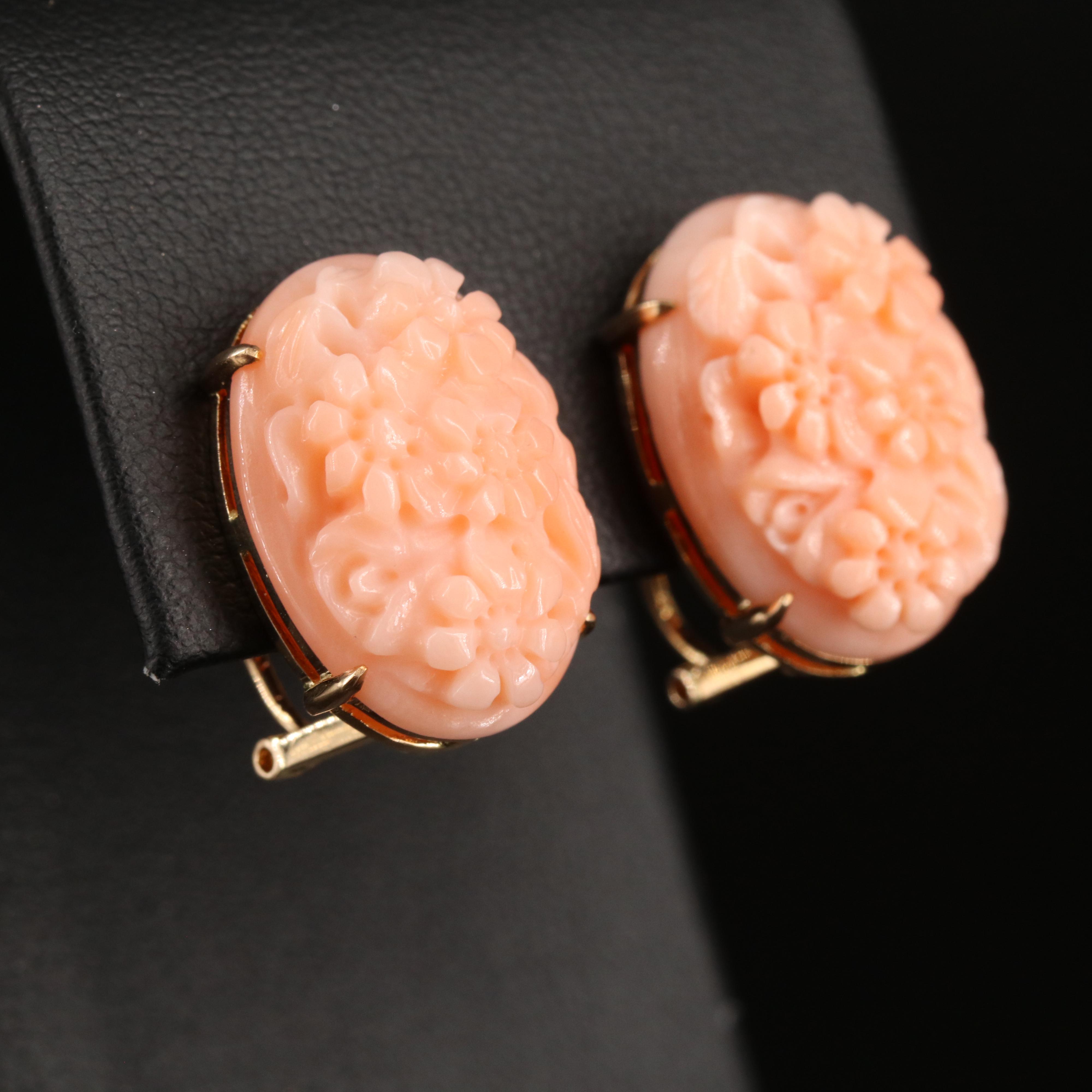 14K Carved Coral Flower Bouquet Earrings