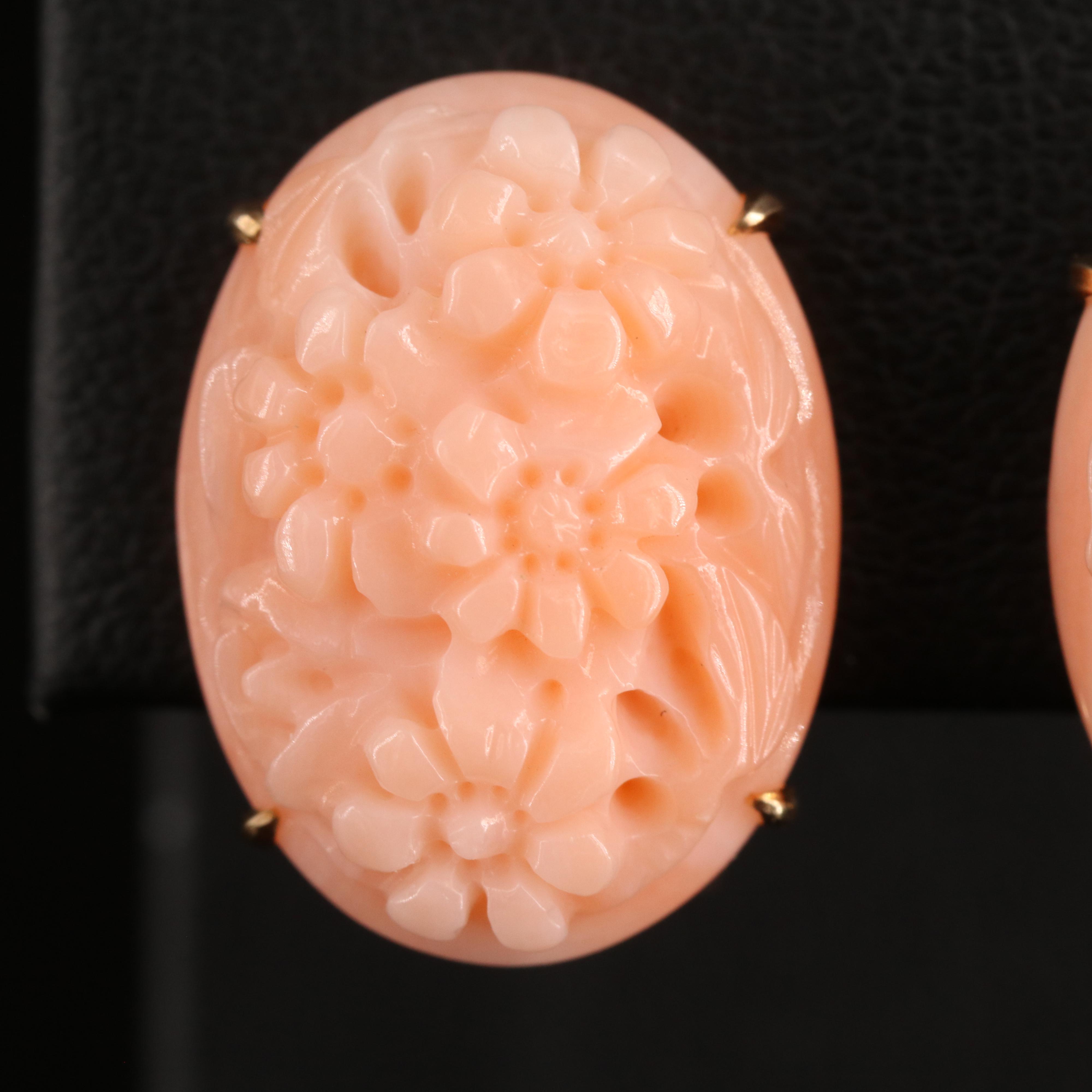 14K Carved Coral Flower Bouquet Earrings