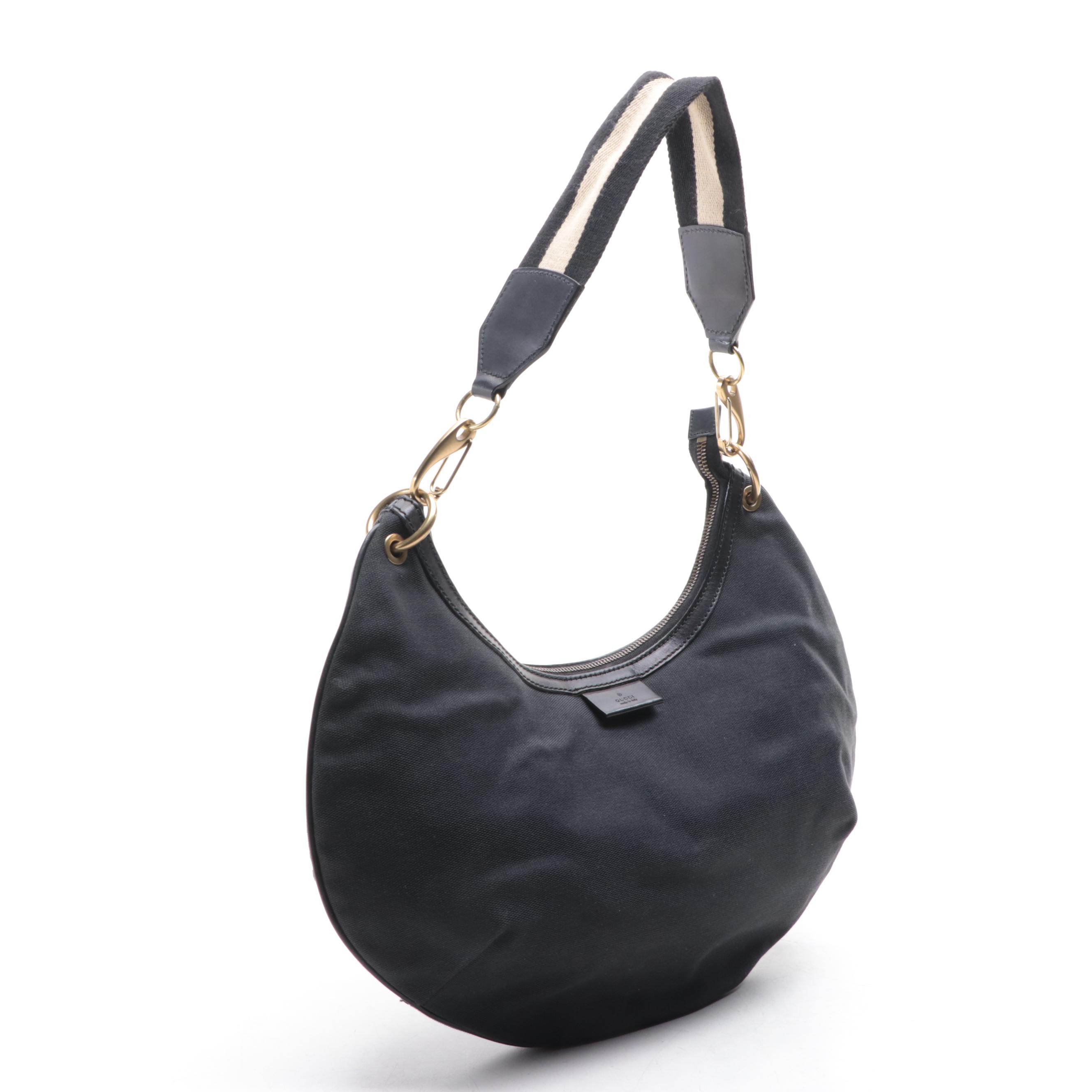 Gucci Hobo Bag in Black Canvas and Leather Trim with Web Strap