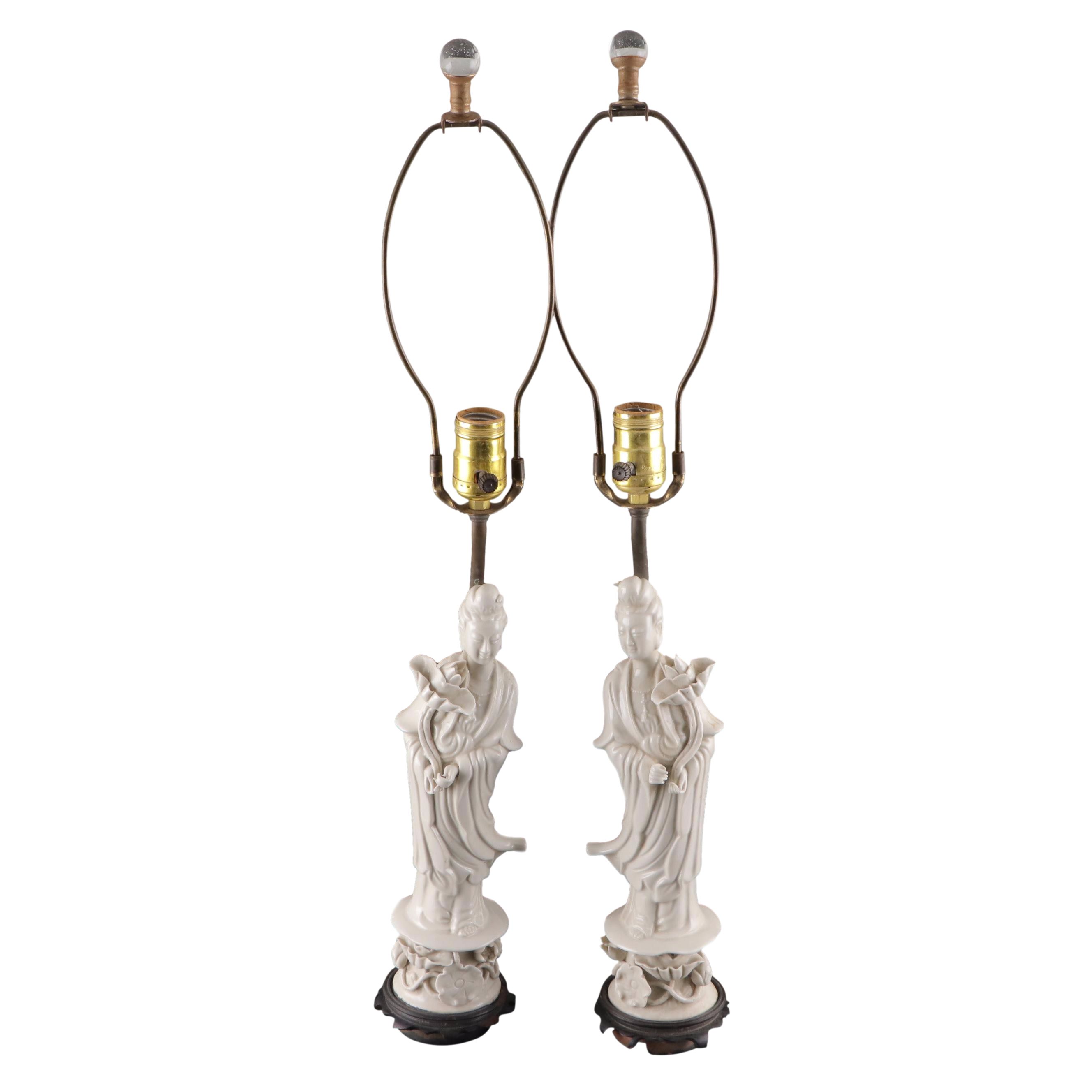 Pair of Chinese Guan Yin Porcelain Table Lamps, Late 20th Century