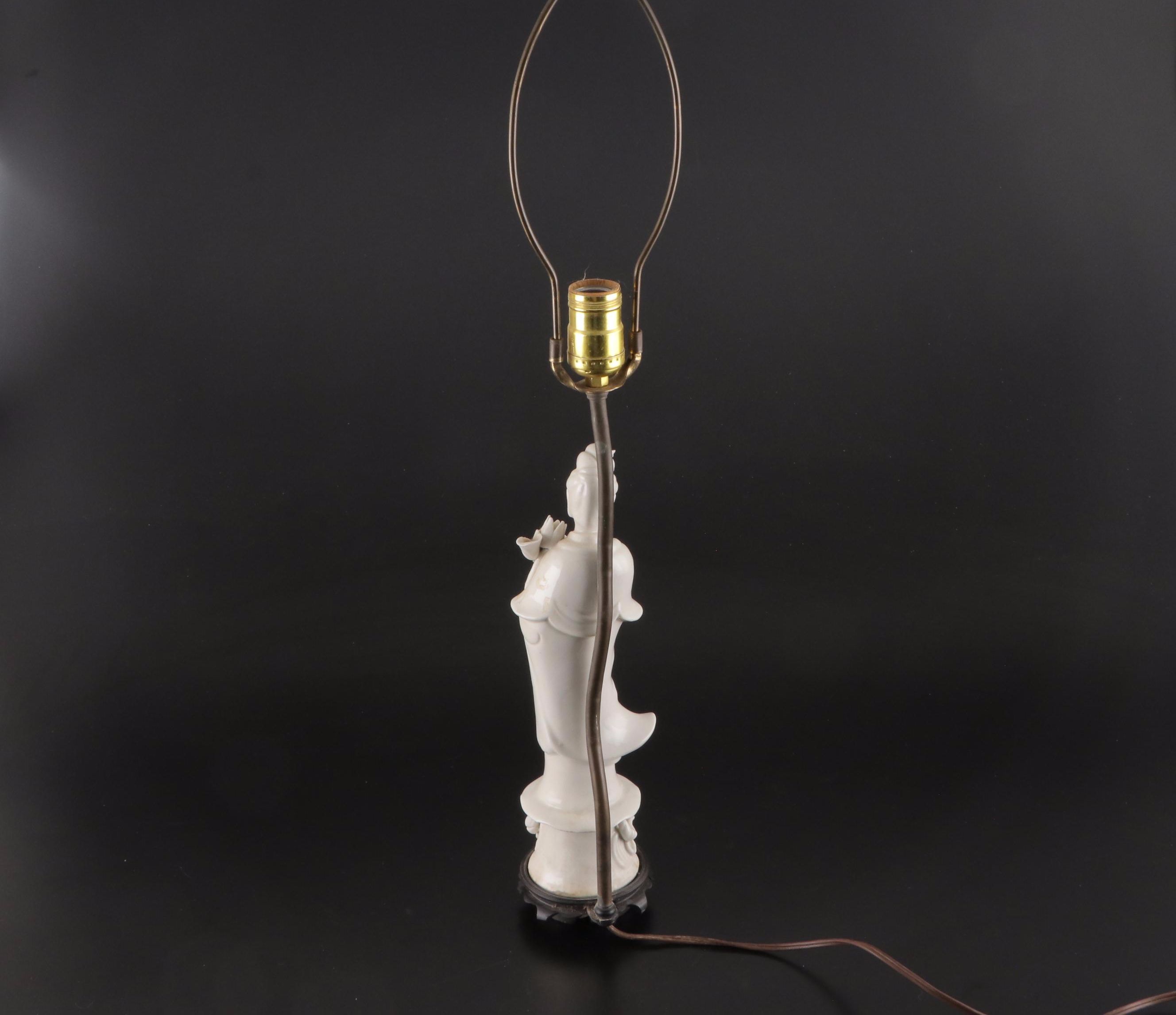 Pair of Chinese Guan Yin Porcelain Table Lamps, Late 20th Century