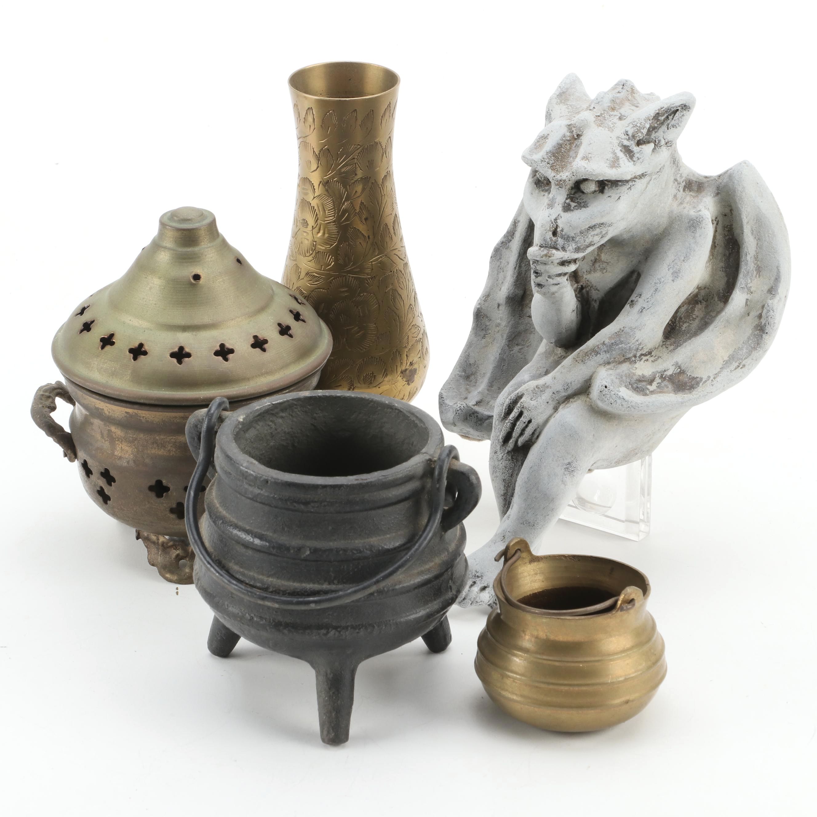 Brass Incense Jar, Bud Vase, "Baby Goyle" Gargoyle and Decorative Cauldrons