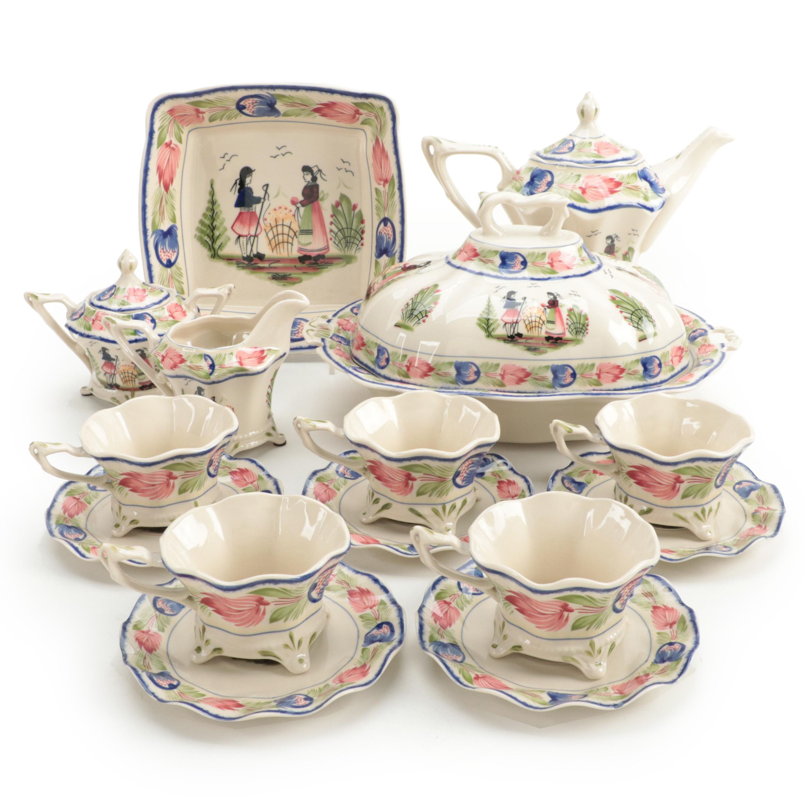 Victoria Ware and Other Quimper Style Tea Set with Serving Pieces