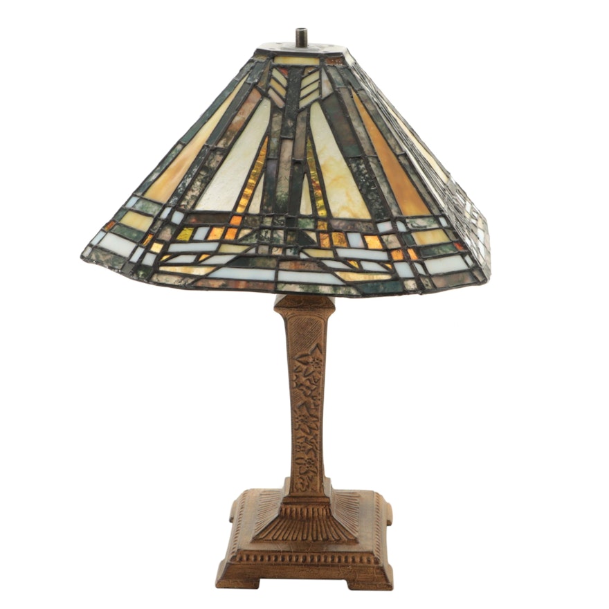 Arts & Crafts Slag Glass and Pressed Metal Table Lamp, Contemporary