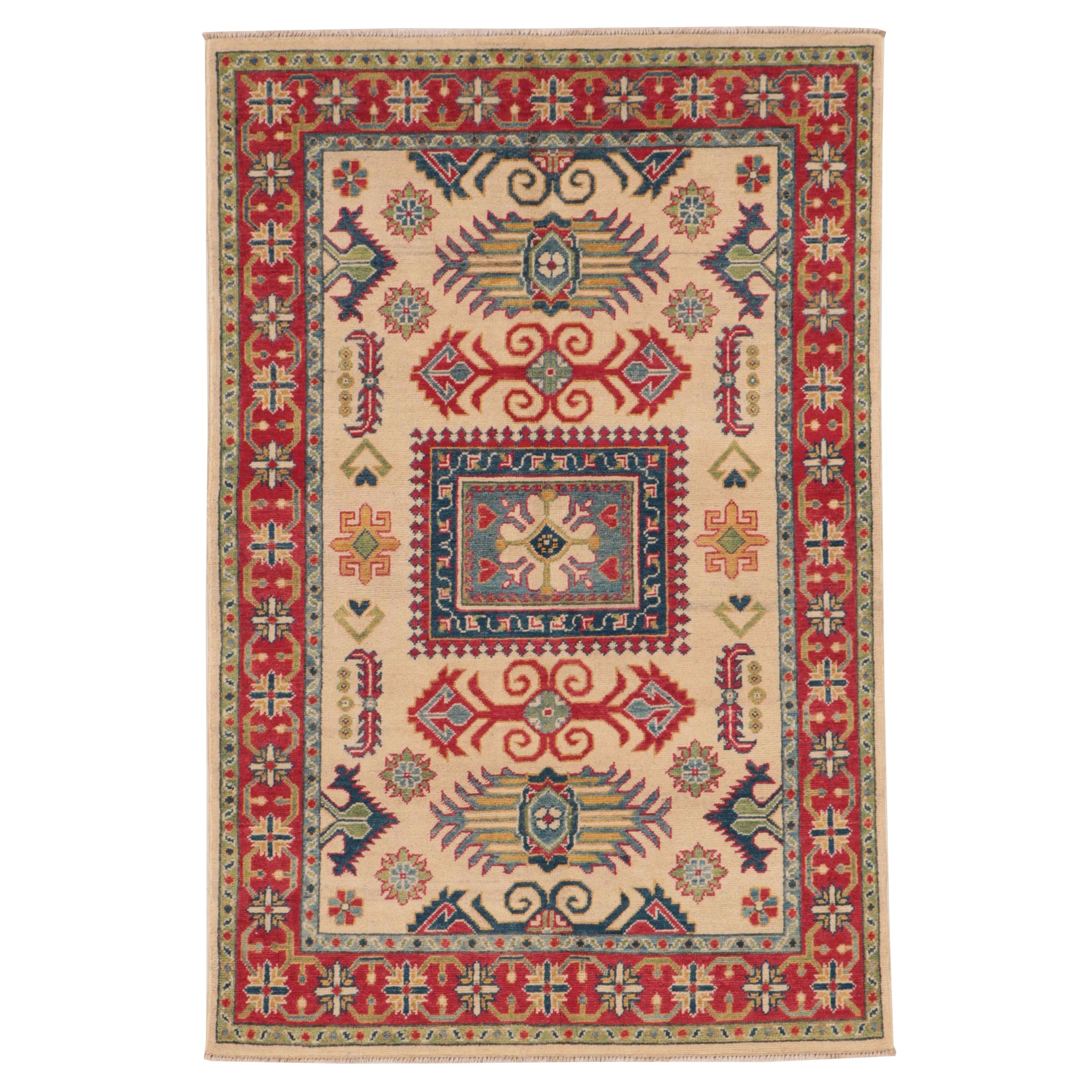 4' x 6'1 Hand-Knotted Pakistani Kazak-Style Area Rug