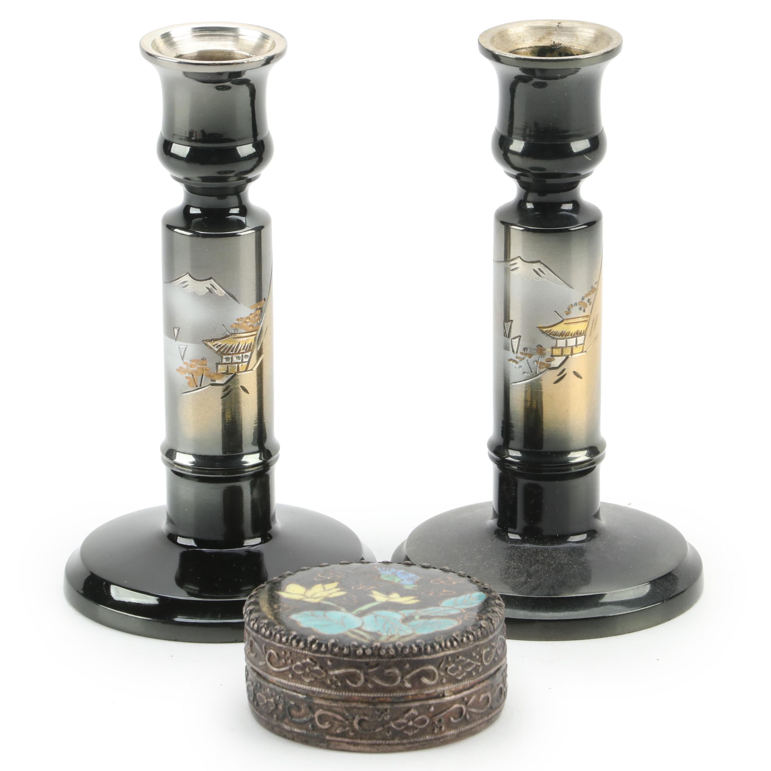 Pair of Japanese Mixed Metals Candlesticks and Other Decorative Container