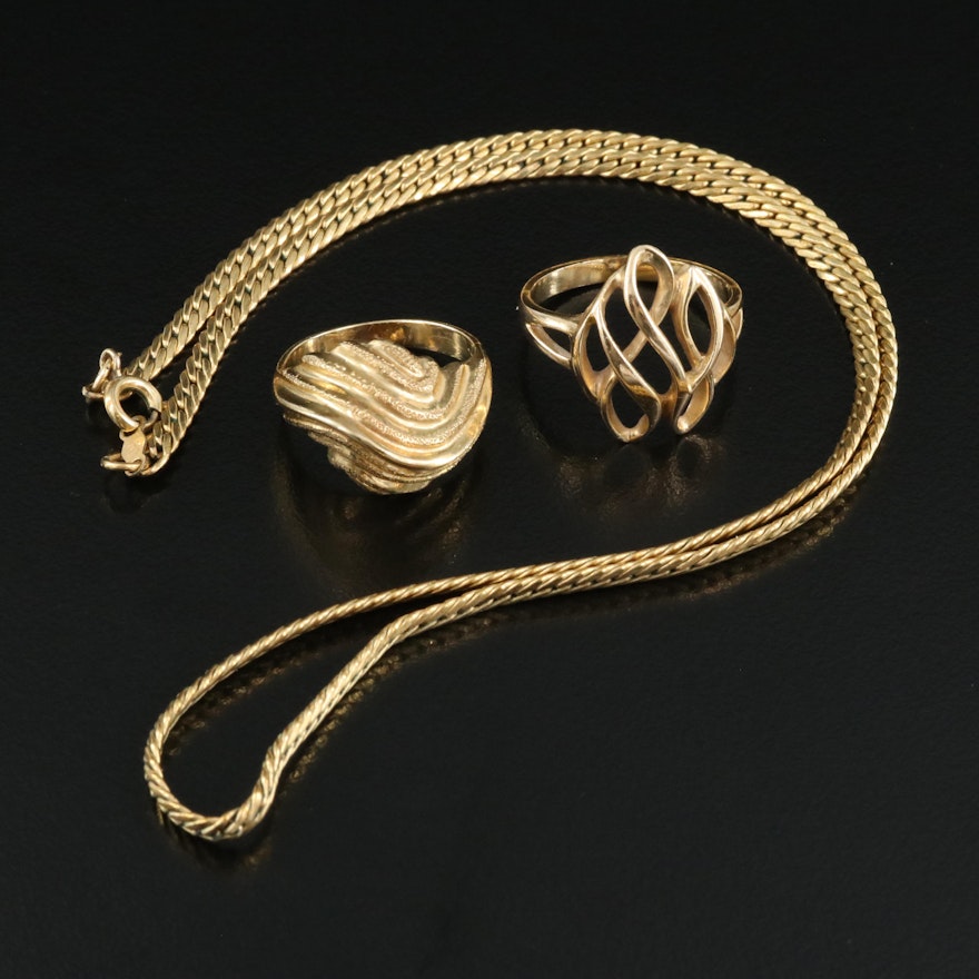 14K Dome and Scrollwork Rings and Gold-Filled Herringbone Necklace