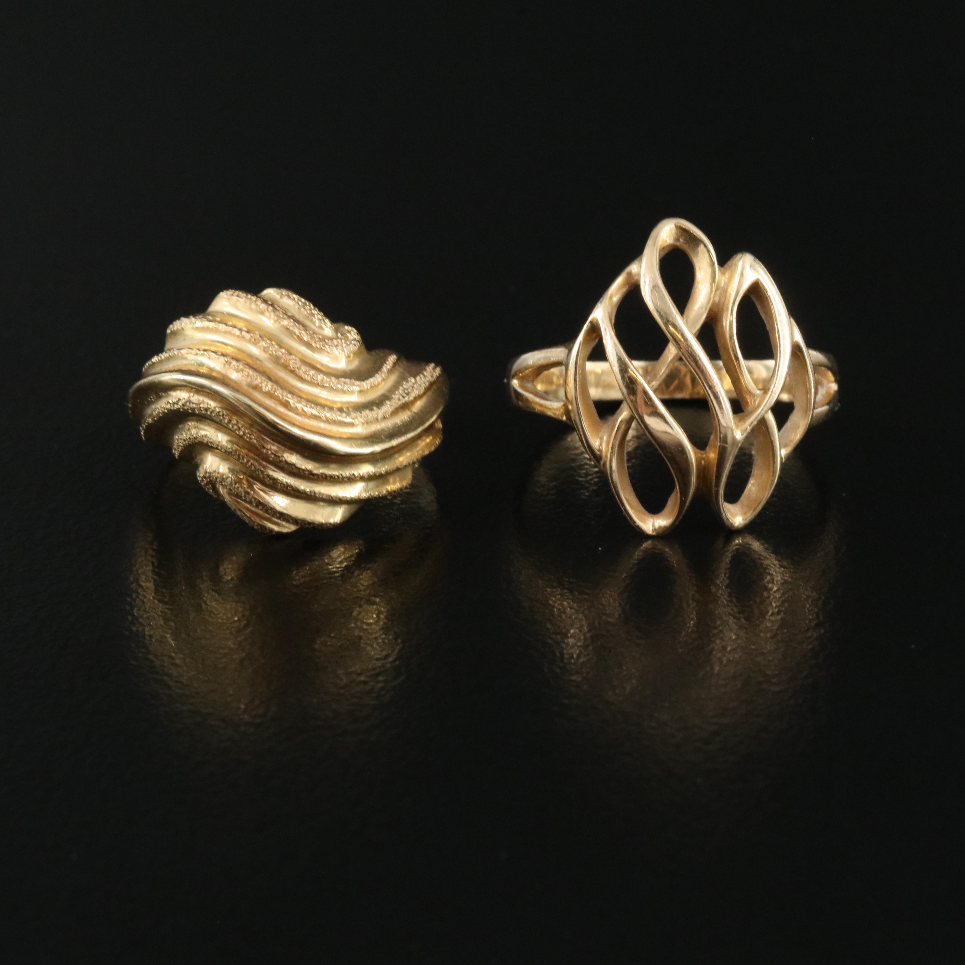 14K Dome and Scrollwork Rings and Gold-Filled Herringbone Necklace