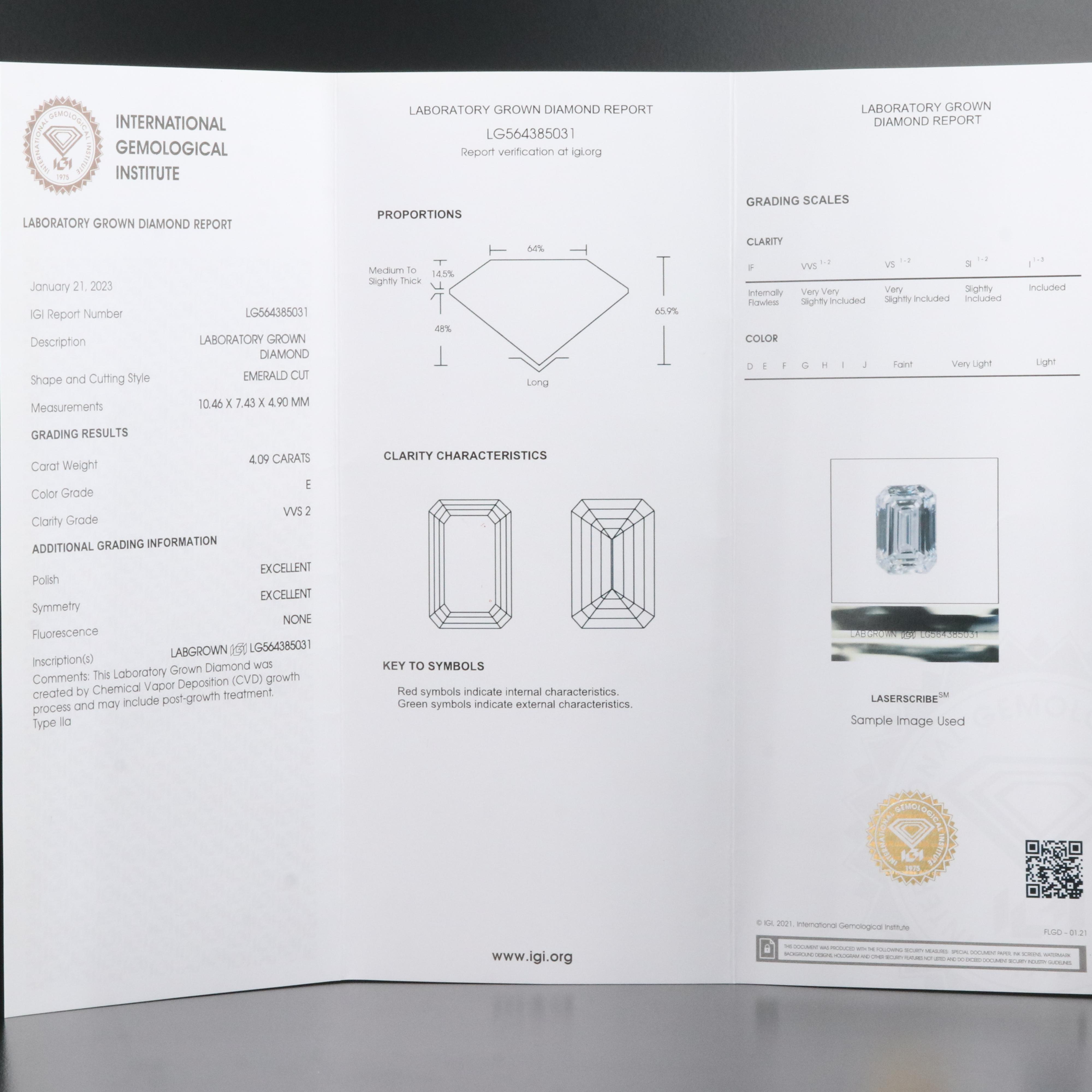 Loose 4.09 CT Lab Grown Diamond with IGI Report