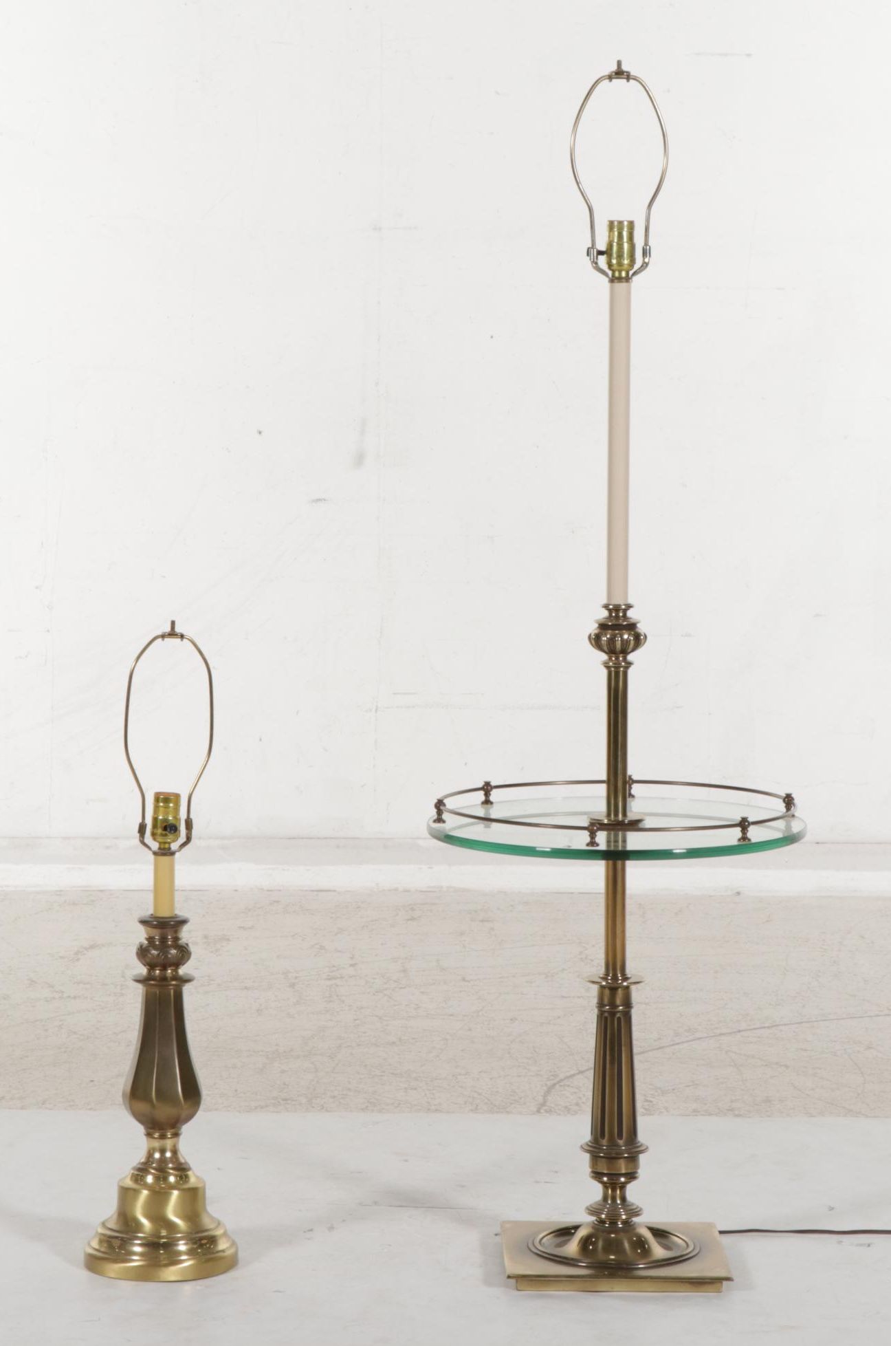 Stiffel Cast Brass and Glass Table Floor Lamp with Baluster Table Lamp, 1970s