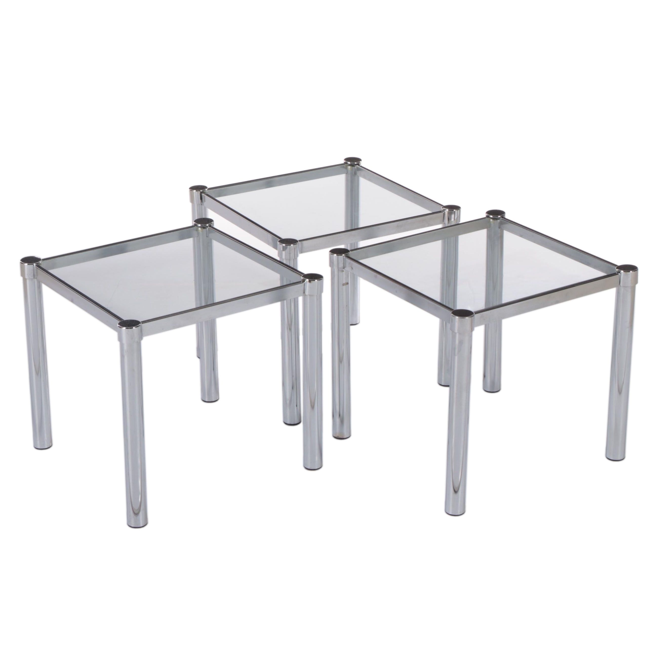 Three Modernist Chromed Metal and Glass Side Tables, Late 20th Century