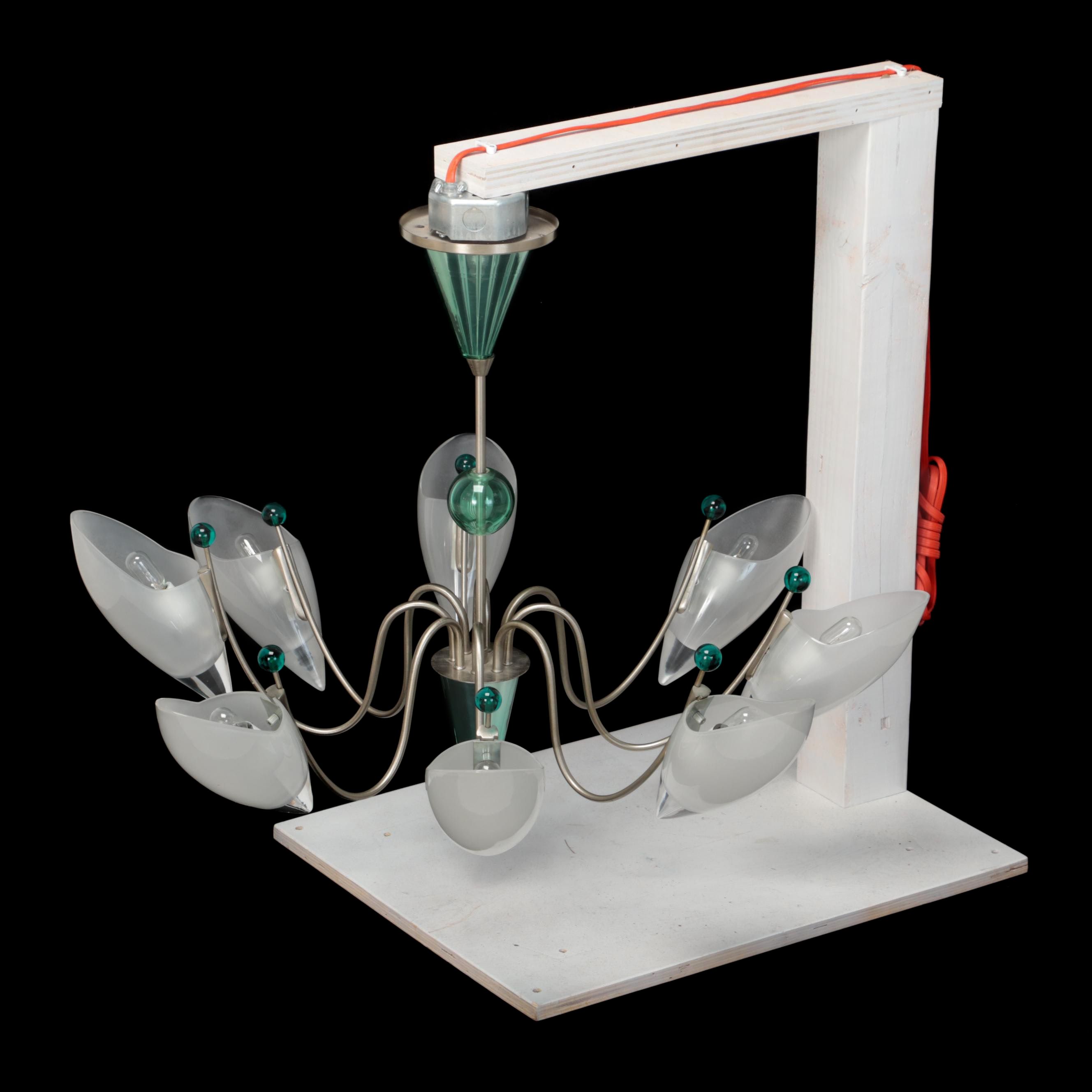 Italian Style Frosted Glass Cone and Green Glass Accents Chandelier, Late 20th C