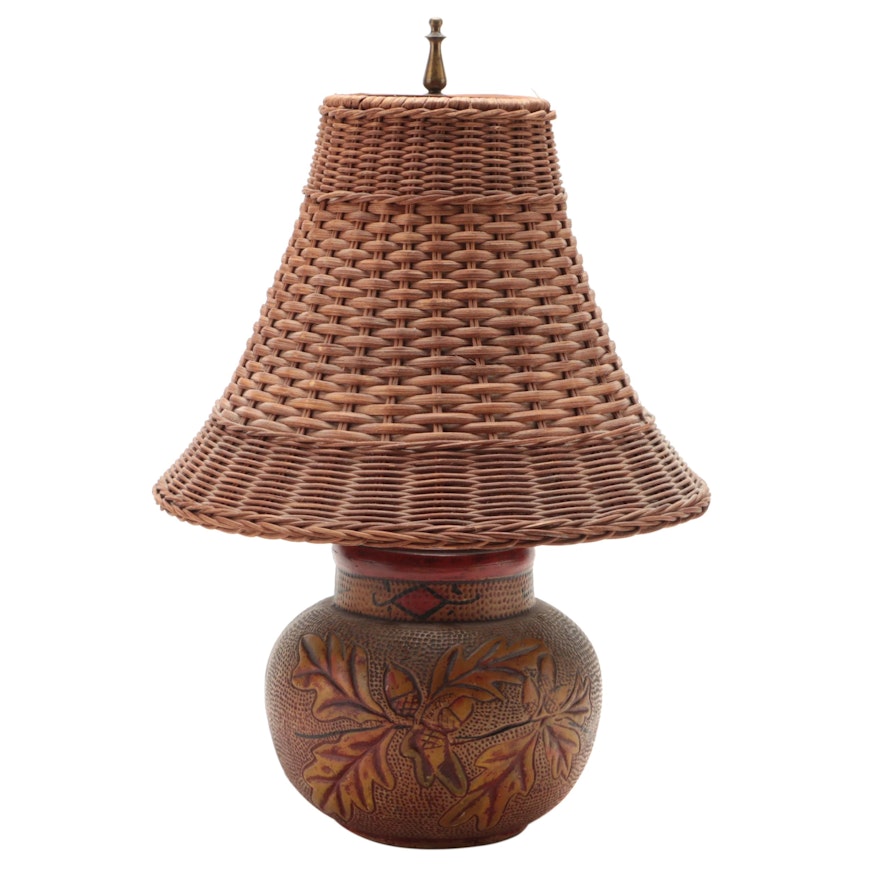 Folk Art Acorn and Oak Leaves Art Pottery Lamp, Wicker Shade, Early/ Mid-20th C