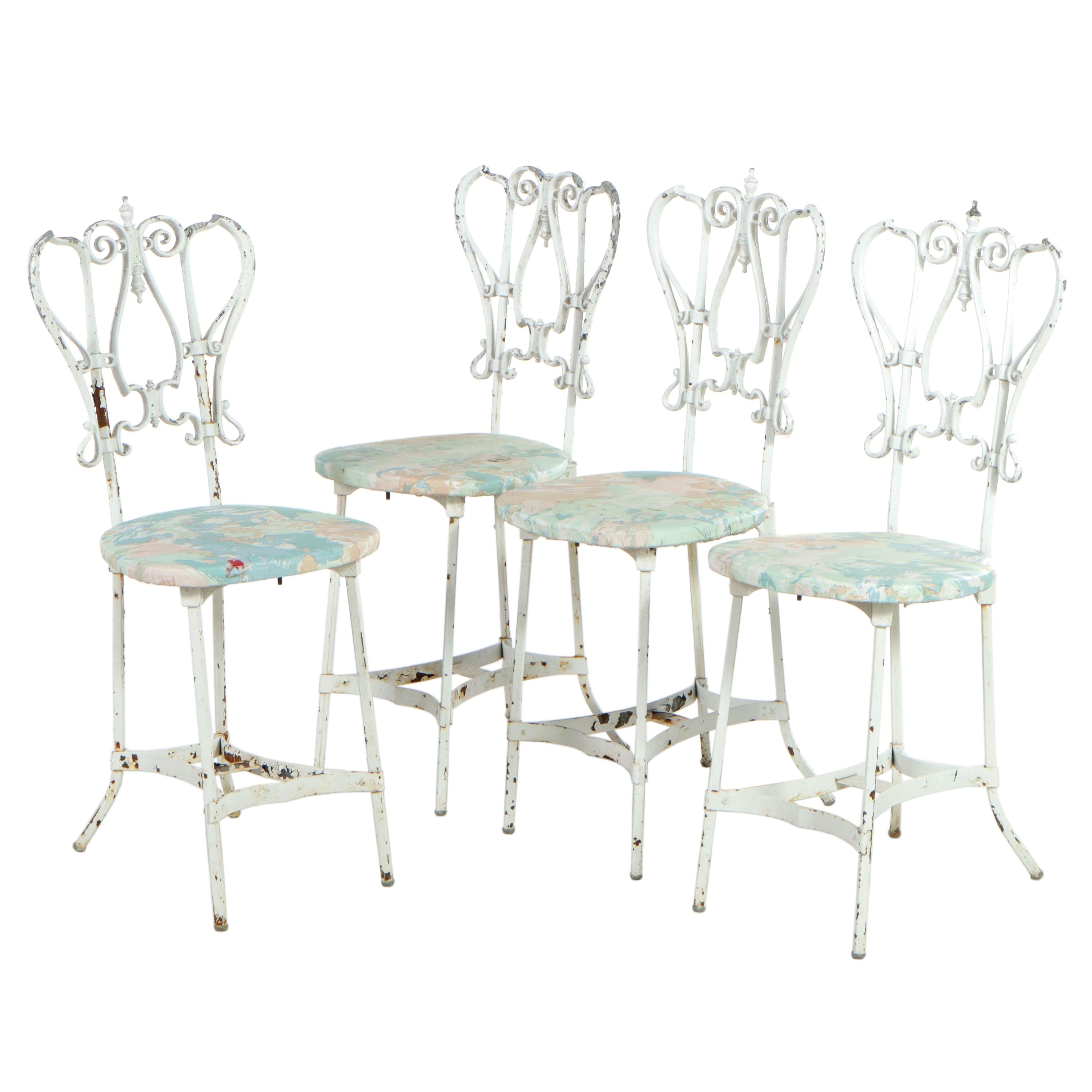Wrought Iron and Marble Cafe Table with Metalwork Chairs