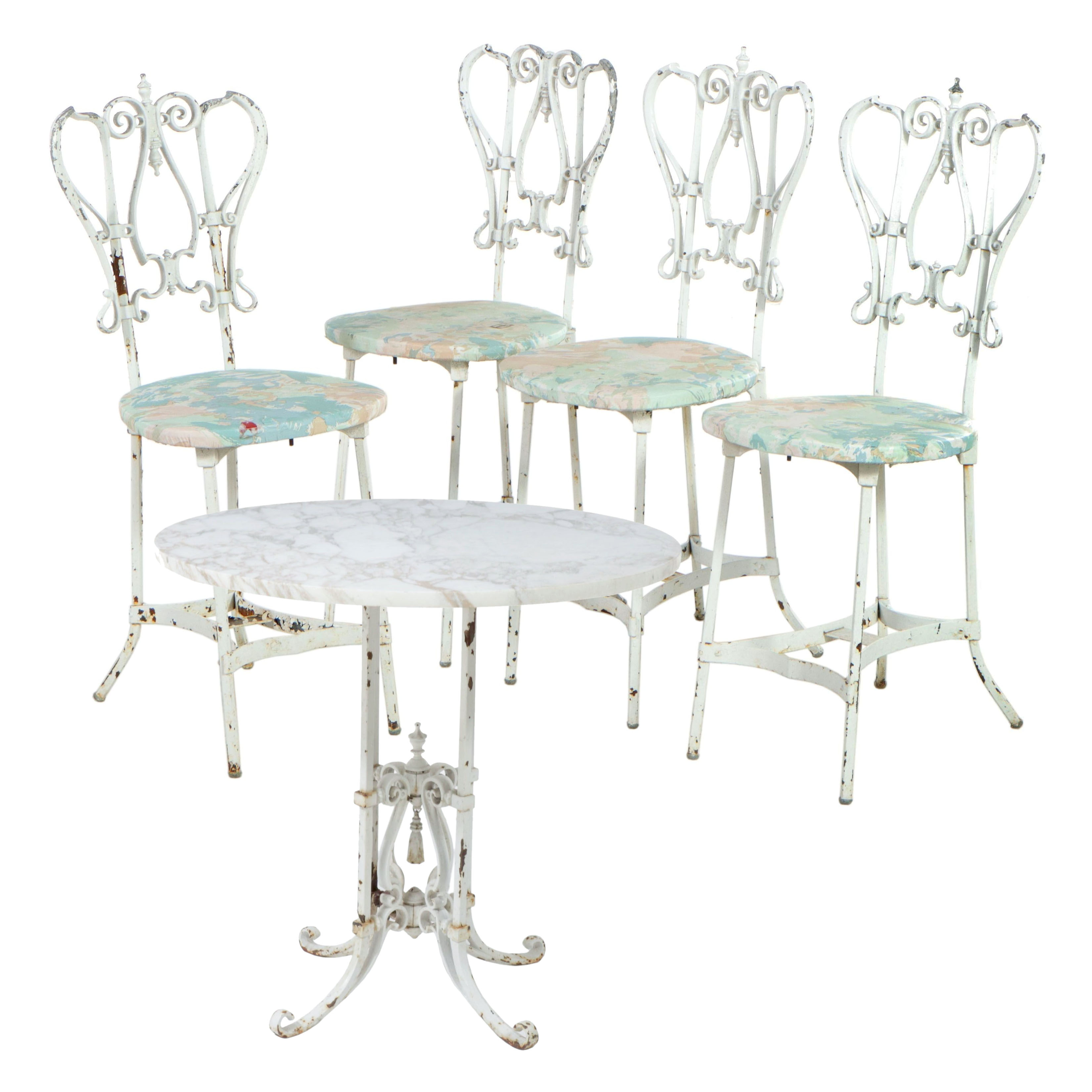 Wrought Iron and Marble Cafe Table with Metalwork Chairs