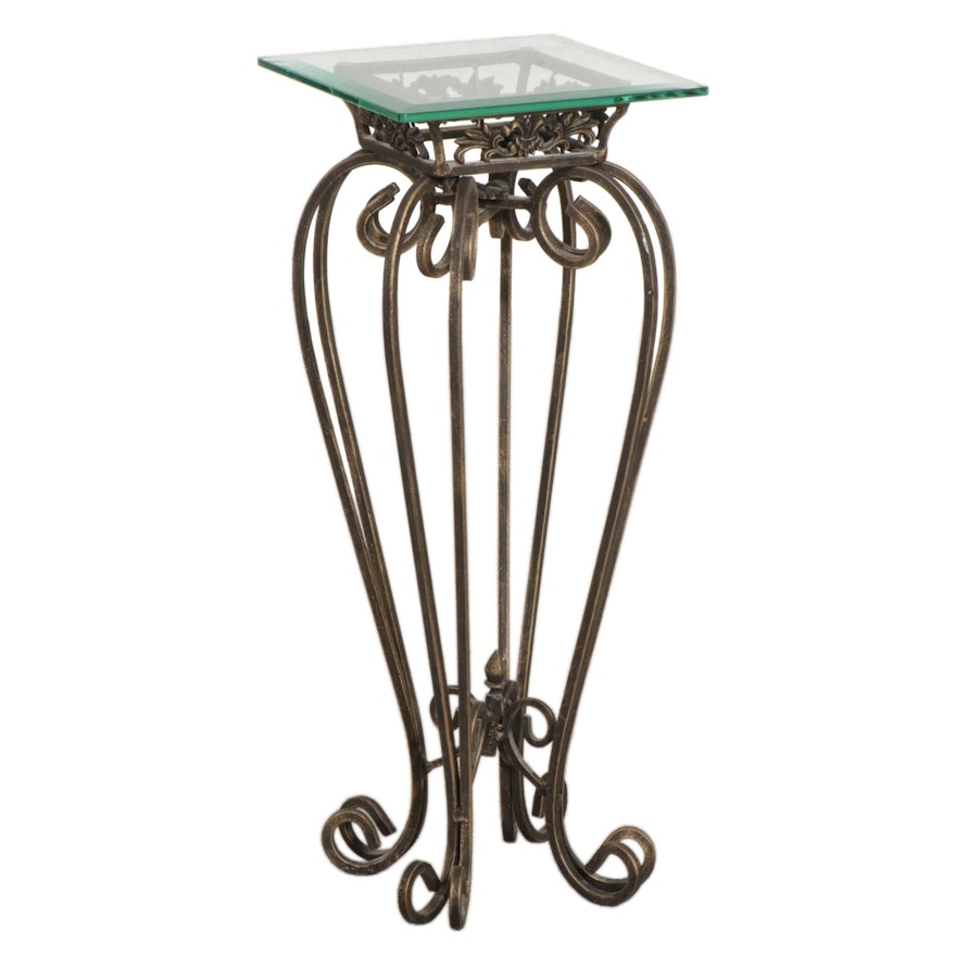 French Provincial Style Scrolled Metal and Beveled Glass Top Plant Stand