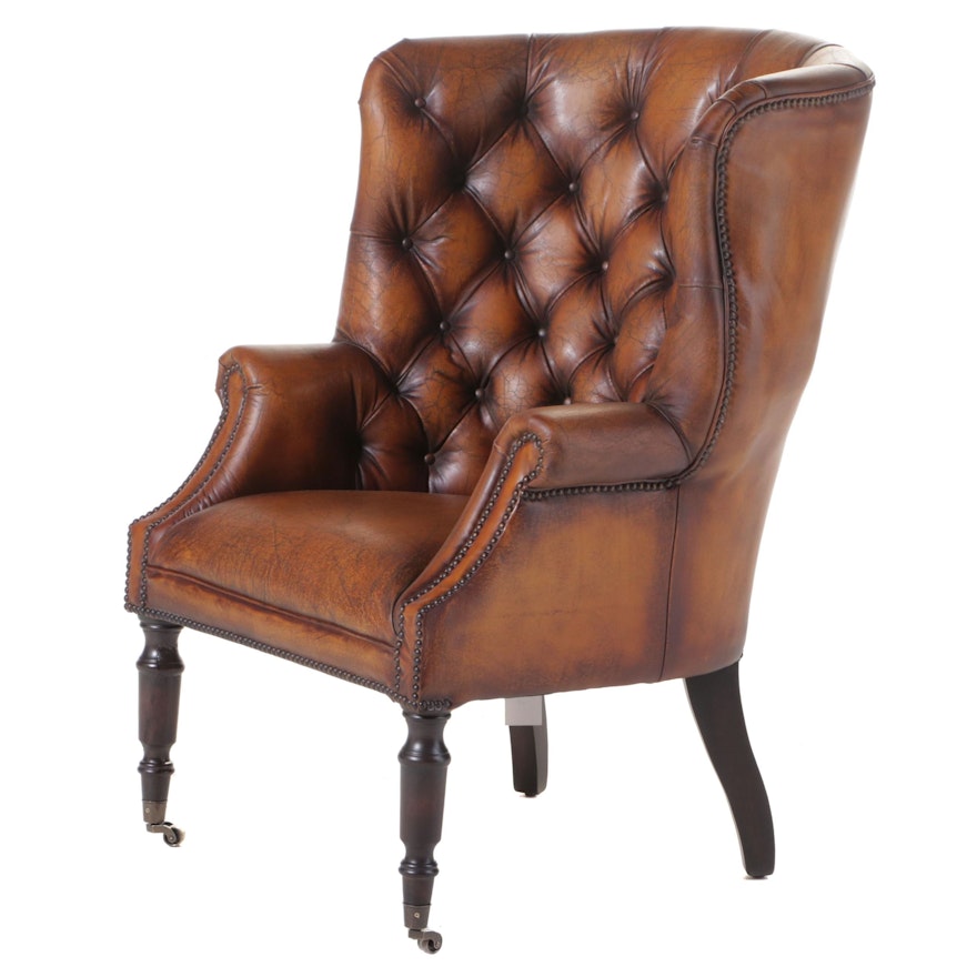 Stanton Portobello Brass-Tacked and Button-Tufted Leather Wing Chair