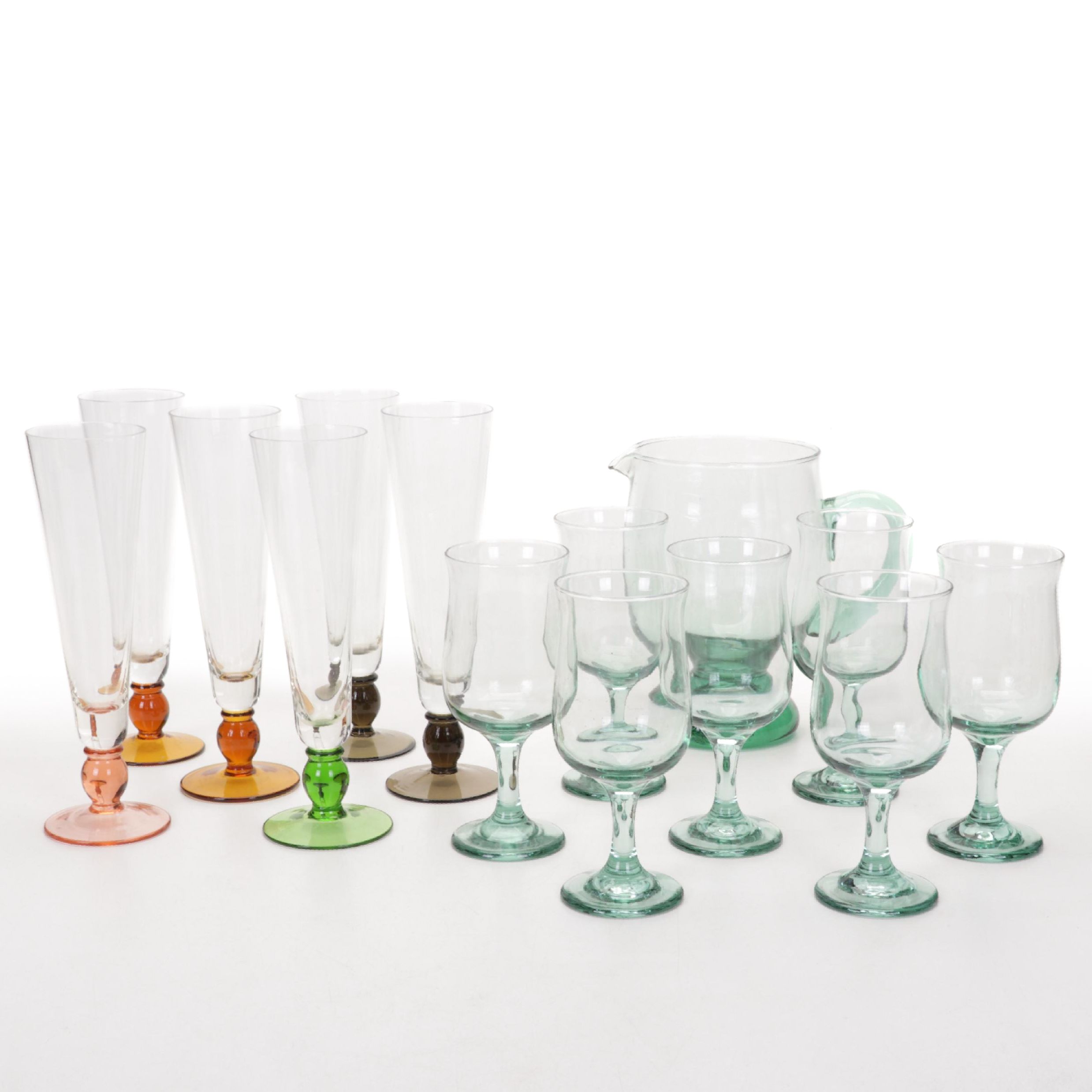 International Homes "Avalon" Glasses and Pitcher With Color Stem Pilsner Glasses