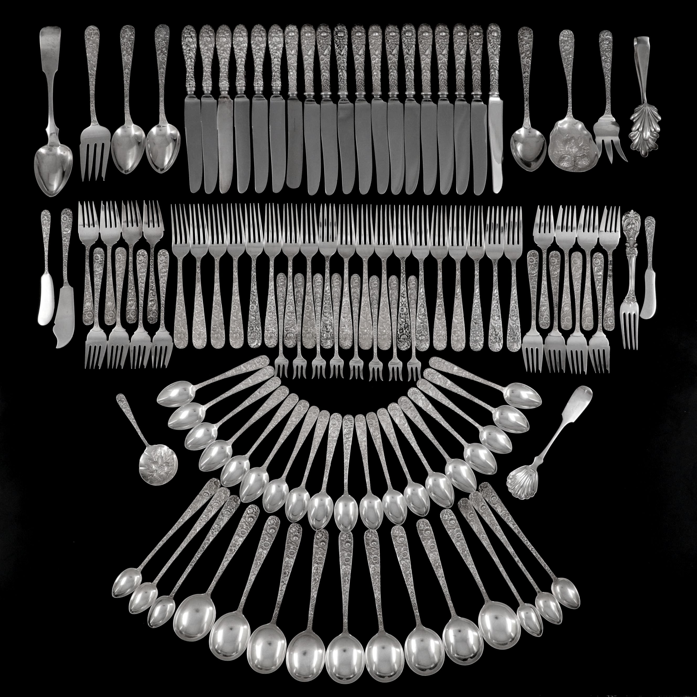 S. Kirk & Son "Repousse" Sterling Silver Flatware with Other Silver Utensils